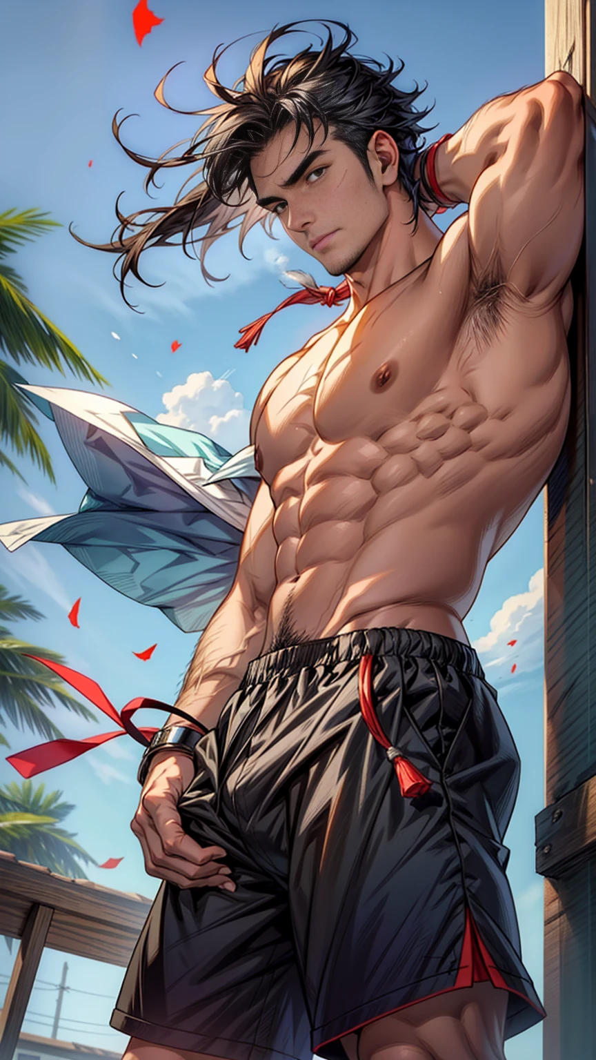 一个male运动员，Wearing shorts,He is very muscular,Shot from below，Abstract Background,Lift up half of the pants,Short shorts,Half shorts,Thick body hair, Dark black hair, Hair blowing in the wind, 短发 with bangs that fall over the forehead and on both sides of the face, male, Handsome,Extremely detailed, ((22-year-old young man)), No beard