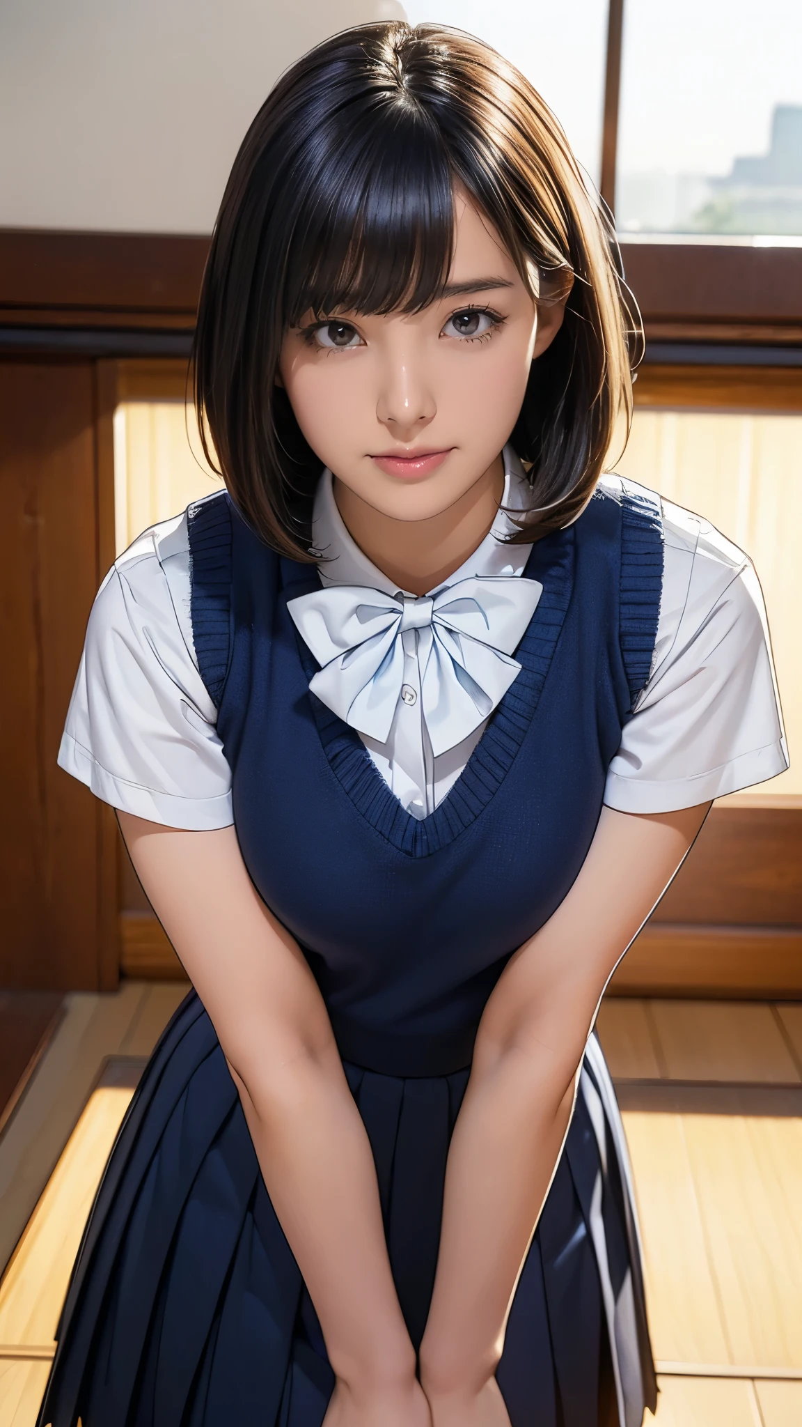 (masterpiece:1.2, Highest quality), (Realistic, photoRealistic:1.4), (Large Breasts:1.5, Saggy breasts:1.3), Beautiful illustrations, (Natural Side Lighting, Cinema Lighting), Written boundary depth, Looking at the audience, (Face Focus, Upper Body), Front view, 1 girl, Japanese, high school girl, , Perfect Face, Symmetrical cute face, Glowing Skin, (Bob Hair:1.7,Black Hair), Asymmetrical bangs, Big eyes, Droopy eyes, long eyelashes chest), thin, Beautiful Hair, Beautiful Face, Beautiful and beautiful eyes, Beautiful clavicle, Beautiful body, Beautiful breasts, Beautiful thighs, Beautiful legs, Beautiful fingers, ((Quality fabric texture, brown knit vest, Short sleeve white collar shirt, Navy Pleated Skirt, Navy bow tie)), (Beautiful views), evening, (Inside the flower shop), Are standing, (smile, Superior, Open your mouth), (From below:1.5),(Poor visibility:1.5), (From below)