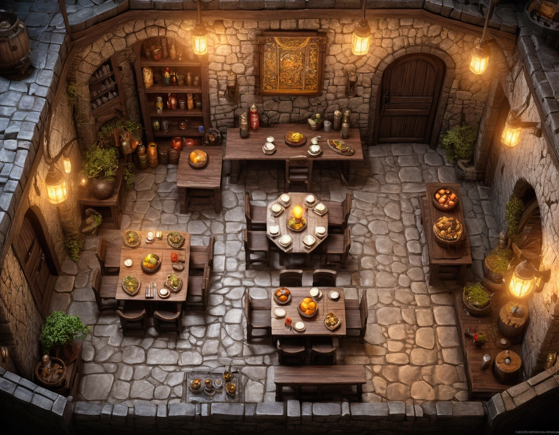 Drone aerial view, Bright Breakfast Tavern Battle Map, Dungeons &amp; Dragons, Final Fantasy, Game Art, (Coherent architecture and interior, With realistic proportions and textures, Intricate details, Hand Painted, Energetic, light, On the table, 8K)