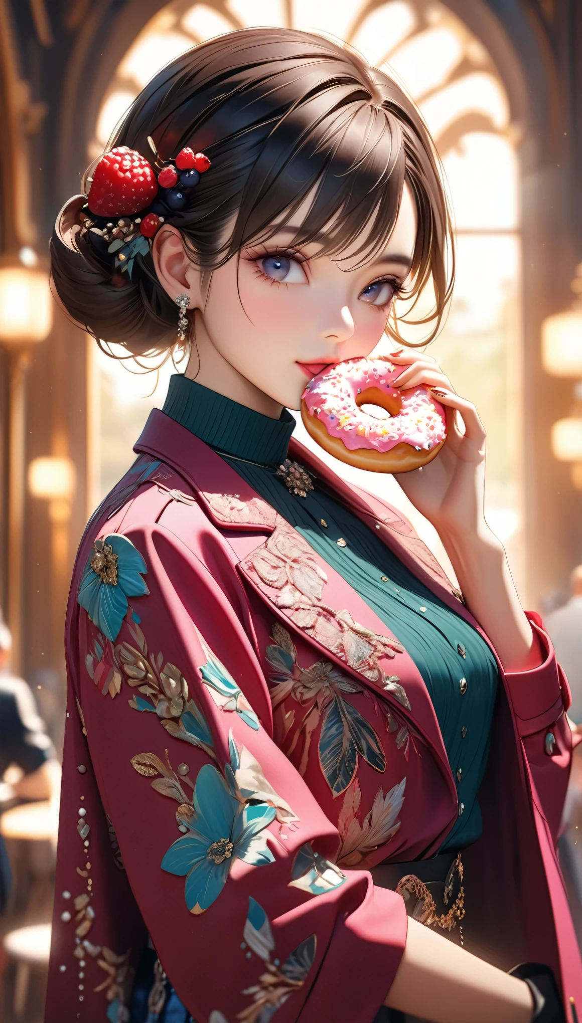 a woman eating a donut, stylish woman, berry cool, photorealistic, 8k, detailed facial features, intricate details, beautiful woman, fashionable outfit, elegant pose, warm lighting, vibrant colors, soft focus, dreamy atmosphere, high-quality rendering, masterpiece