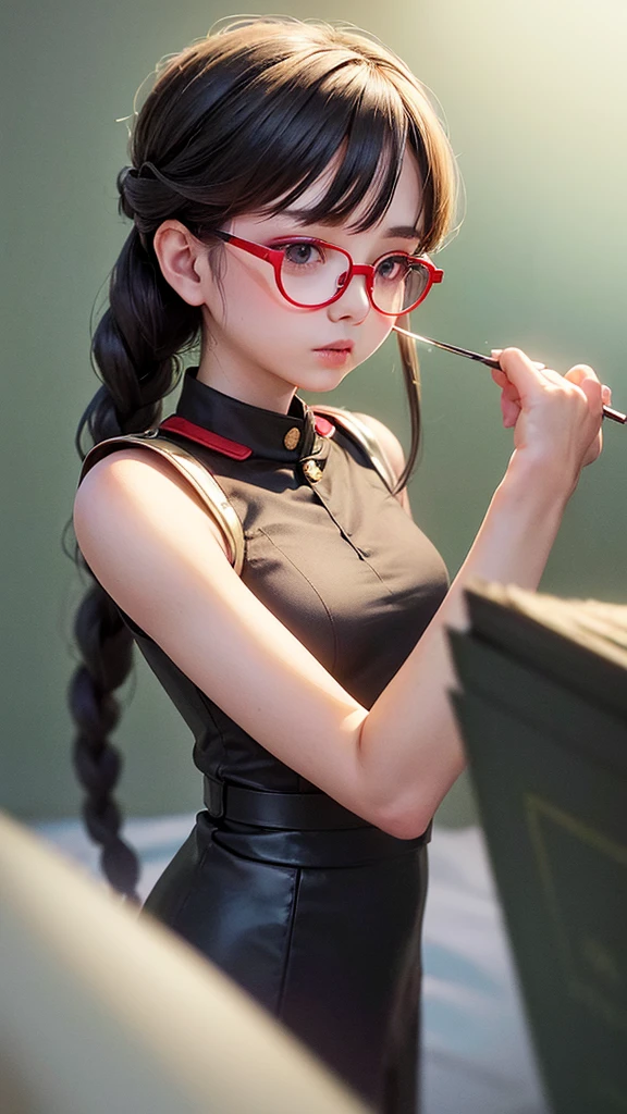 (Highest resolution),((Maximum eye detail))(Beautiful picture),Close-up photo,(Maximum face detail)),Sci-fi movie poster,(small breasts),(สไตล์ภาพscience fiction),(best quality),(Masterpiece),(Maximum face detail),((realistically,three dimensional face)), Maximum face resolution,adult,East Asian woman, figure,black hair,(Bangs),(double braid hairstyle),green eyes,((red glasses)),(high military uniform),Long skirt, white coat,future,science fiction,((ยืนอยู่บนลานบิน,ฐานทัพอากาศ,เครื่องบินรบ))