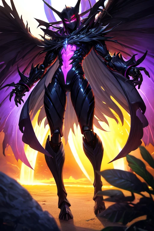 masterpiece, 8k, best quality, highly detailed, a male human warrior wearing a set of galaxy colored dragonfly wings on his back while wielding a scythe made of the void of space