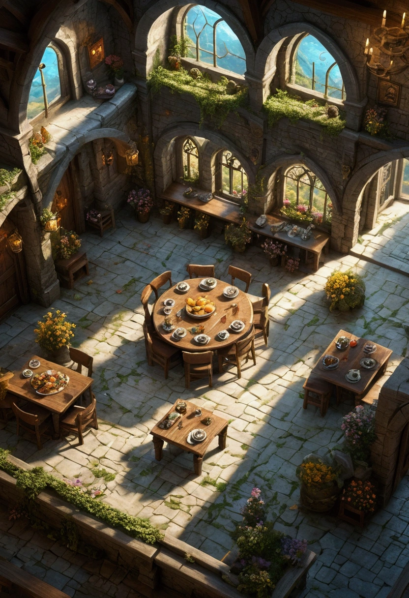 Drone aerial view, Bright Breakfast Tavern Battle Map, Dungeons &amp; Dragons, Final Fantasy, Game Art, (Coherent architecture and interior, With realistic proportions and textures, Intricate details, Hand Painted, Energetic, light, On the table, 8K)