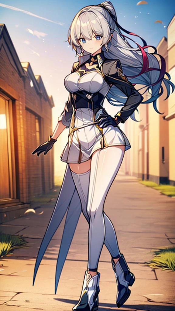 (full body),masterpiece, Highest quality, High resolution, One girl, alone, Grey Hair, Blue eyes, (sunfes，band uniform, No sleeve, White gloves, Pleated skirt, Knee-high boots), Cowboy Shot, Hands on hips, smile, Open your mouth, Outdoor，Thick thighs，(The skirt is blown up by the wind,),