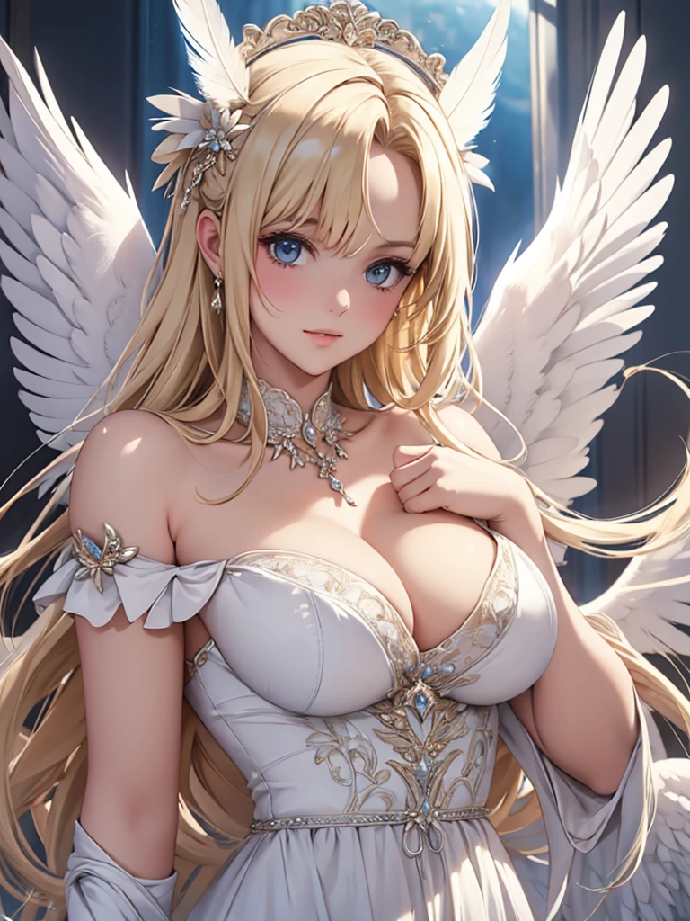 masterpiece, Angel Girl, Blonde with wings, White dress with feathers, Close-up portrait, Delicate face, Lots of feathers, silver