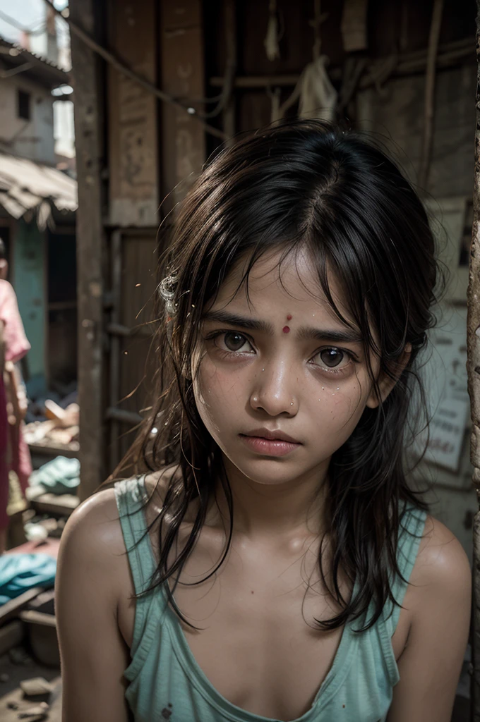 Professional photo of a in the slums of Mumbai, India, dirty faced, sad face, realisitic, light colors