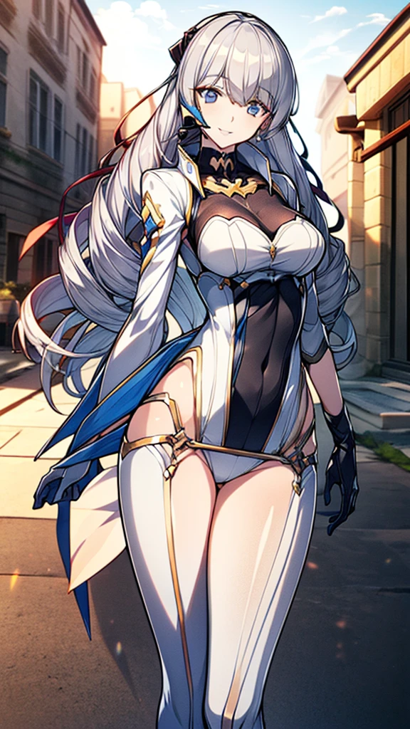 (full body),masterpiece, Highest quality, High resolution, One girl, alone, Grey Hair, Blue eyes, ( bodysuit,leotard,headset,ribbon,No sleeve, White gloves, Knee-high boots), Cowboy Shot, Hands on hips, smile, Open your mouth, Outdoor,Thick thighs,