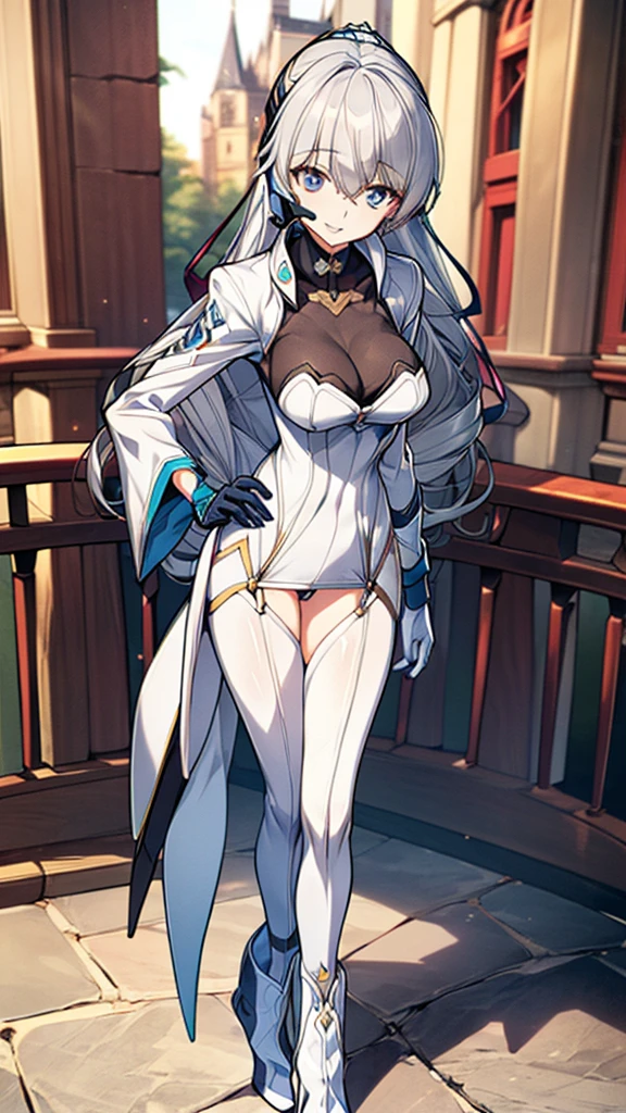 (full body),masterpiece, Highest quality, High resolution, One girl, alone, Grey Hair, Blue eyes, ( bodysuit,leotard,headset,ribbon,No sleeve, White gloves, Knee-high boots), Cowboy Shot, Hands on hips, smile, Open your mouth, Outdoor,Thick thighs,