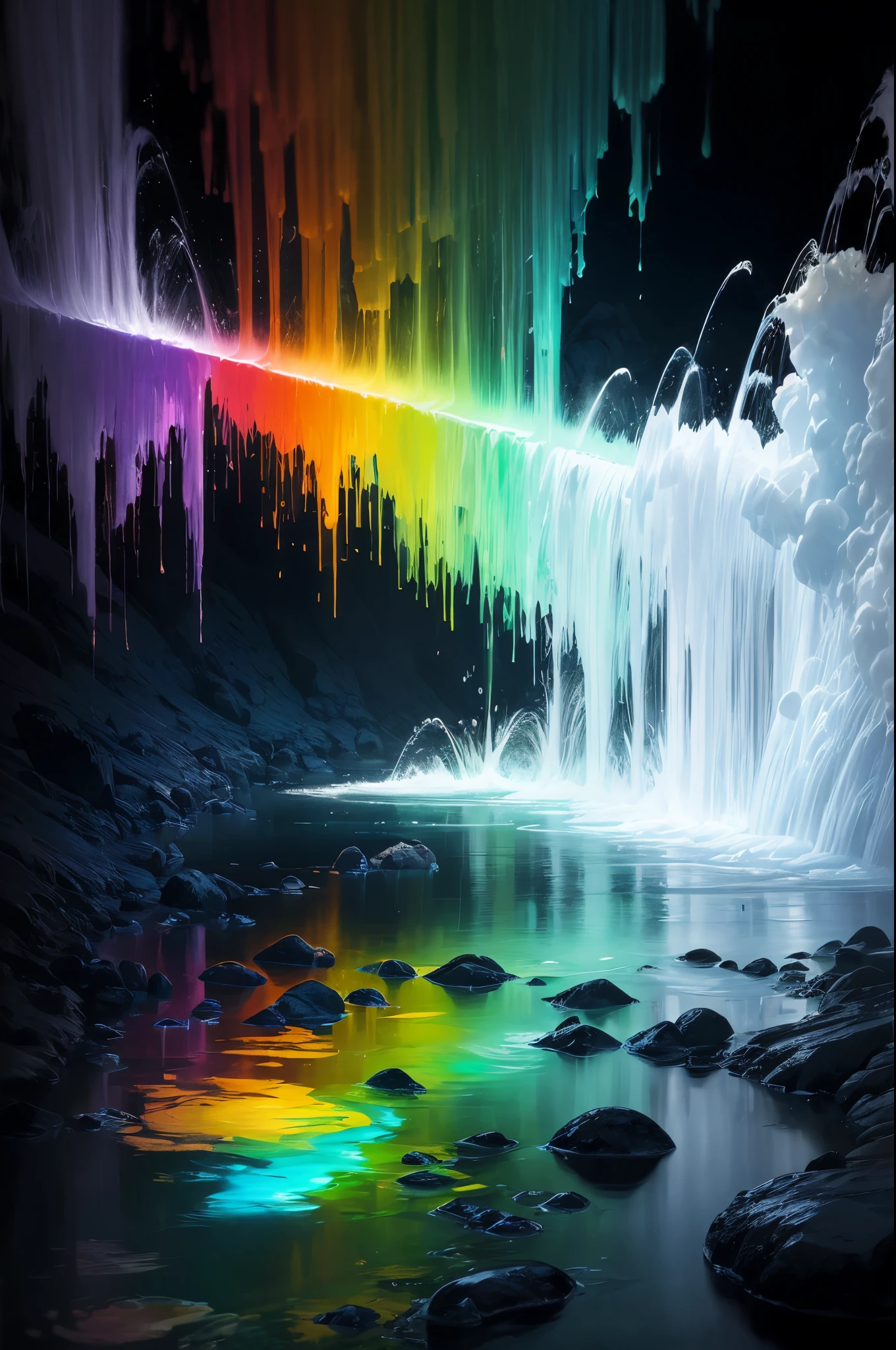 arafly colored water in a stream with steam rising from it, a colorized photo by Leonard Bahr, flickr, land art, mystical colors, bubbling geysers, xray melting colors!!, ethereal rainbows, geysers of steam, amazing color photograph, rainbow, rainbow reflections, a colorful, beautiful and mysterious, mystic colors, muted but vibrant colors