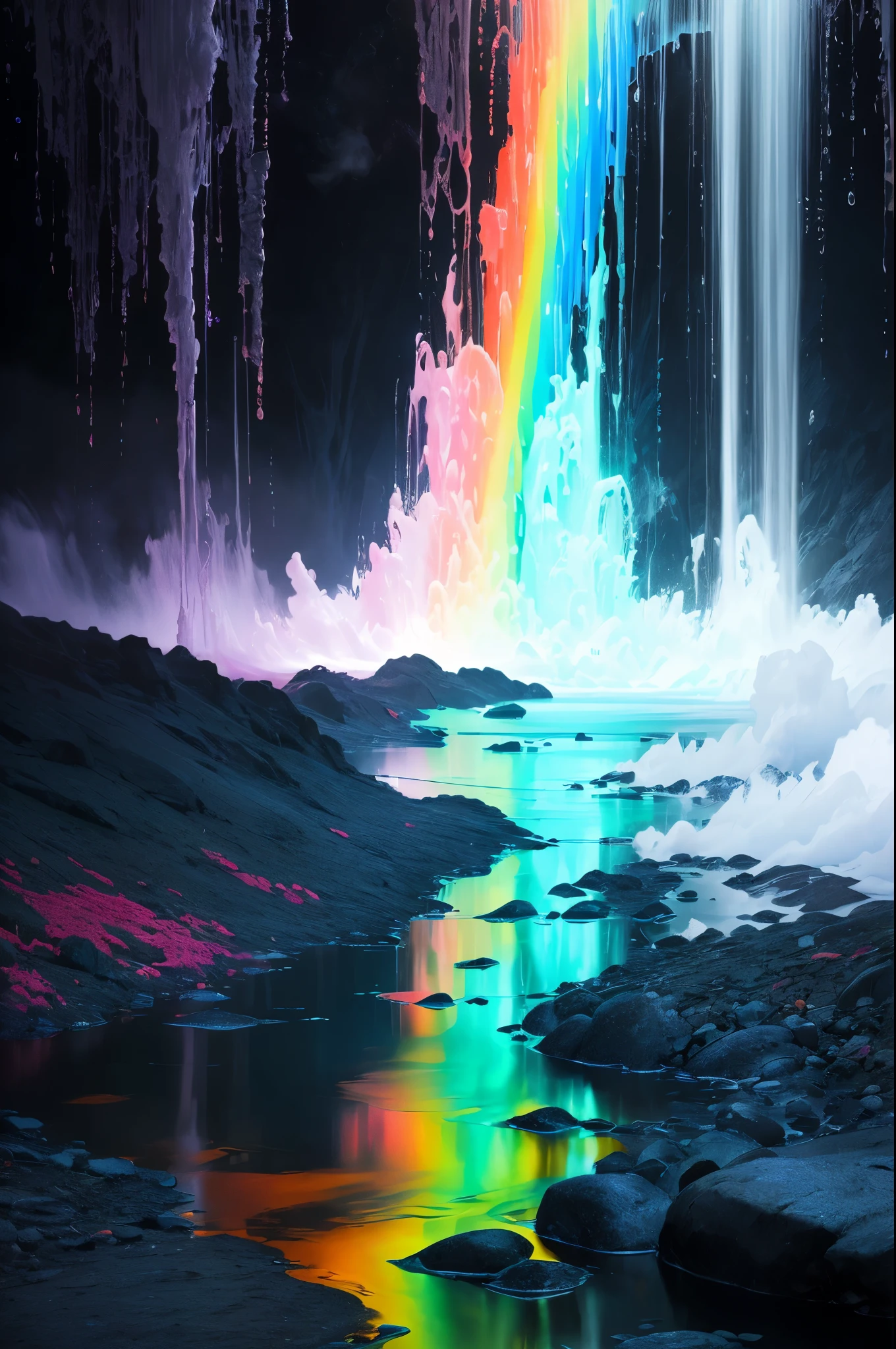 arafly colored water in a stream with steam rising from it, a colorized photo by Leonard Bahr, flickr, land art, mystical colors, bubbling geysers, xray melting colors!!, ethereal rainbows, geysers of steam, amazing color photograph, rainbow, rainbow reflections, a colorful, beautiful and mysterious, mystic colors, muted but vibrant colors