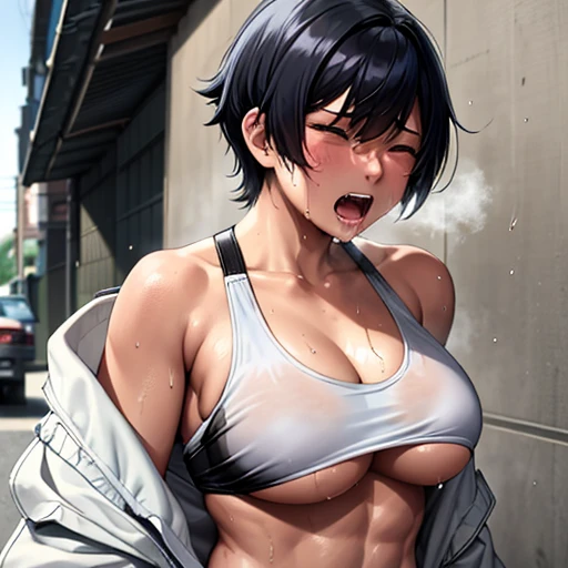 a beautiful young Japanese female streetfighter is in the back street. she was defeated. she lost. she was knocked out. she is in strong ecstasy. Orgasm. Short-cut black hair, out of breath, drooling from mouth, screaming, exhausted, drenched in sweat. Muscularity. Six-pack abs. Erect nipples.