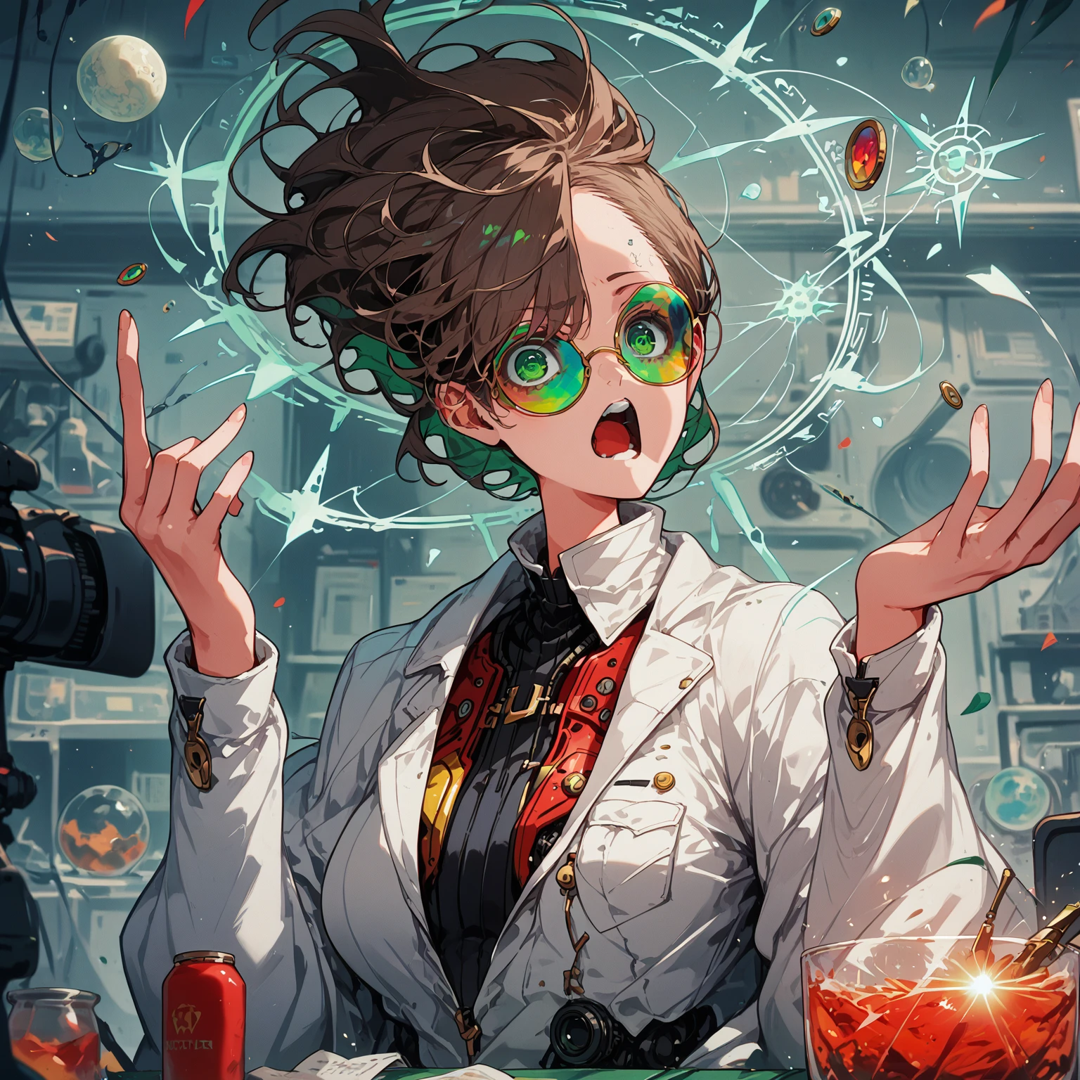 a very beautiful woman , random hair style, form-fitting suit, white lab coat, sunglasses, green eyes, in a laboratory, chemicals on the table, boiling potions, wearing sun glasses, she has the super power alchemize, she can turn wood to metal, and rubber into gold, her expression is Confused/Puzzled: Squinted eyes, raised eyebrow, tilted head, slightly open mouth, magic circle, magic power, casting spell, metal rod, gold and other tiny substances floating around her, (nude:0.8), detailed gorgeous face| anime style| key visual| intricate detail| highly detailed| breathtaking| vibrant| panoramic| cinematic| Carne Griffiths| Conrad Roset| gibbli 8k