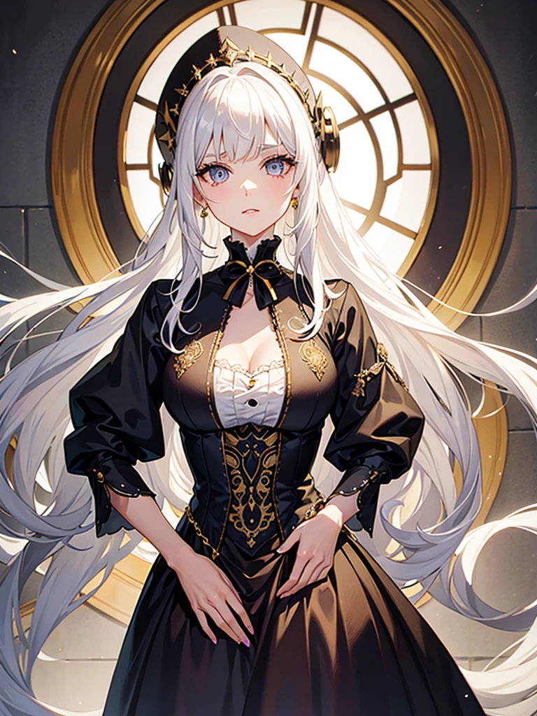 A white haired woman with golden iris eyes,wearing a Victorian era gown.