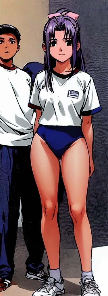 Momoko Koigakubo, a tall girl with beautiful legs, is standing with her legs spread to the side in a white gym uniform and light navy blue bloomers that look like panties.。Momoko Koigakubo is holding a young boy wearing a tracksuit。
