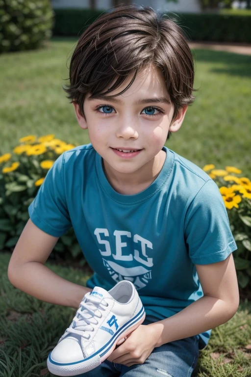 "Create an illustration of a boy named Zezinho. He is about 8 years old, with short brown hair and bright blue eyes. Zezinho is energetic and curious. He is wearing a blue t-shirt with a small logo with 3 letters TTD on the chest and blue denim shorts. On the feet, He wears white sneakers with black details. Zezinho has an expression of joy and enthusiasm, as if you were about to embark on a great adventure. The background of the image could be a sunny backyard setting, with green grass and some colorful flowers around."
