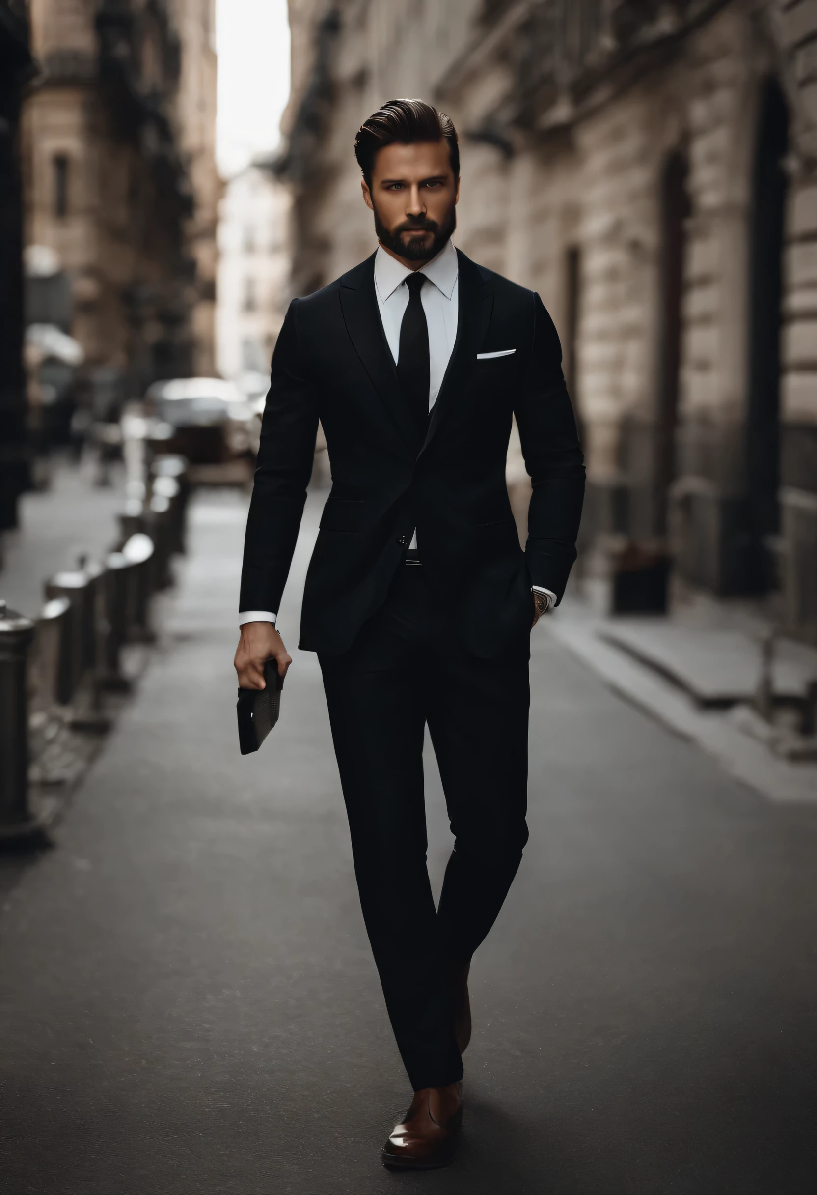 High above、Make a handsome man in his 30s in a black suit and tie, CEO, brown hair and beard, (Man in black suit and tie), ), (Use long listen,) Attractive and serious appearance, short dark hair, elegant and elegant, Perfect shave and strong body, (high qualiy, realistic footage), Dark and light black in the background of the image, movie style, ((Maximum quality, 8k, Masterpiece artwork), ultra high definition photo, (beautiful detailed faces, skin texture detail, Hyper-detailed body:1.1)