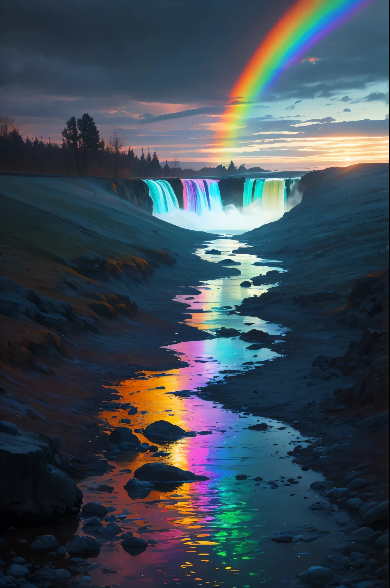 arafly colored water in a stream with steam rising from it, a colorized photo by Leonard Bahr, flickr, land art, mystical colors, bubbling geysers, xray melting colors!!, ethereal rainbows, geysers of steam, amazing color photograph, rainbow, rainbow reflections, a colorful, beautiful and mysterious, mystic colors, muted but vibrant colors