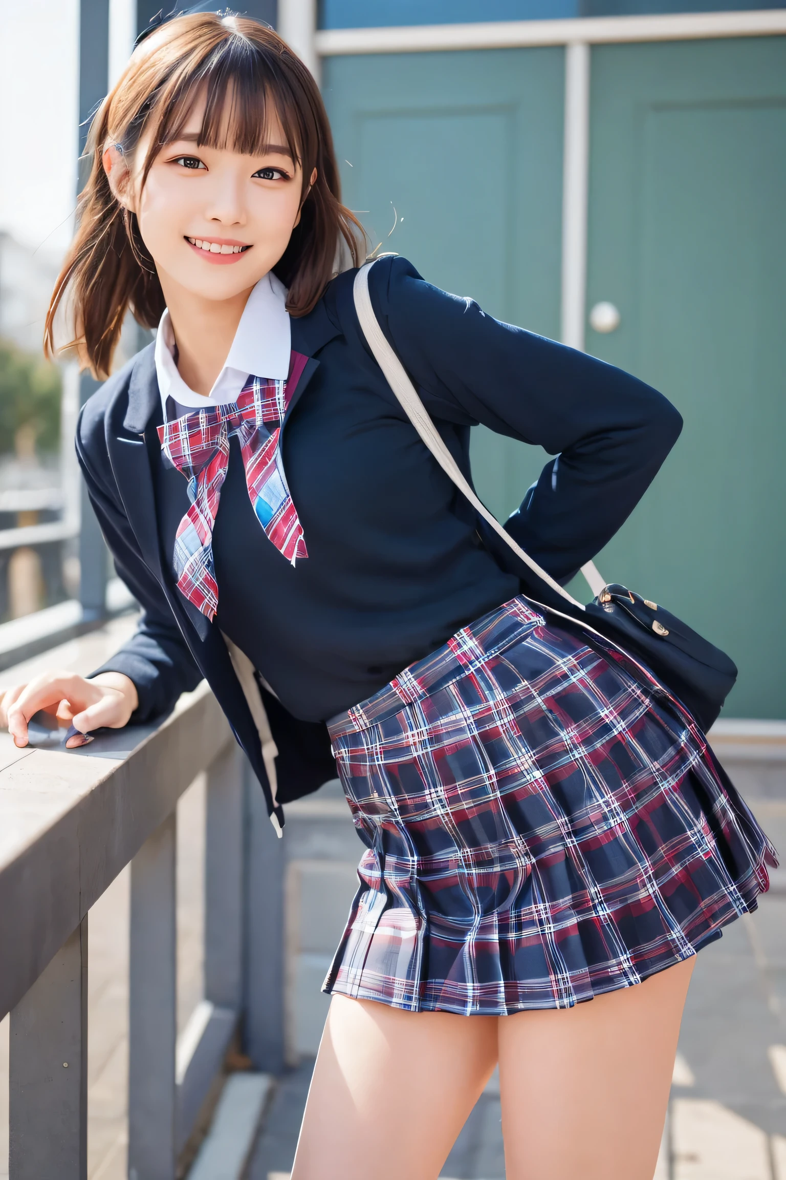 ((school uniform)),Ribbon at neck,(school uniform and ((Plaid Navy Skirt)) and white shirts:1.1), Skin color, big , smile, (8k, RAW Photos, Highest quality, masterpiece:1.2), masterpiece, super detailed, super high quality, (Realistic and Realistic photography:1. 37), High-resolution RAW color photos, Very delicate and beautiful, highly detailed, 8k wallpaper, wonderful, detailed, Very eye, very detailed, very detailed skin, very thin fingers, very detailed nose, very detailed mouth, Perfect Anatomy, Upper Body, studio, Soft lighting, A full-body shot of a cute idol wearing a one-piece swimsuit, Playful pose, Hands on hips, smile, Pastel Background, Realistic, Attention to detail, studio photography