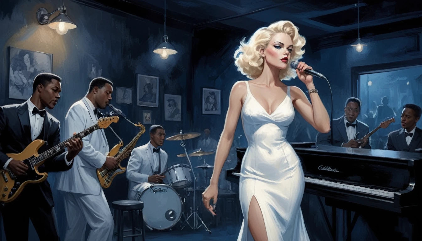 alabama bar, blue note, charismatic, baterist, guitarist, saxophonist, jazz band, white dress, illustration, noir fantasy, singer blonde lady,