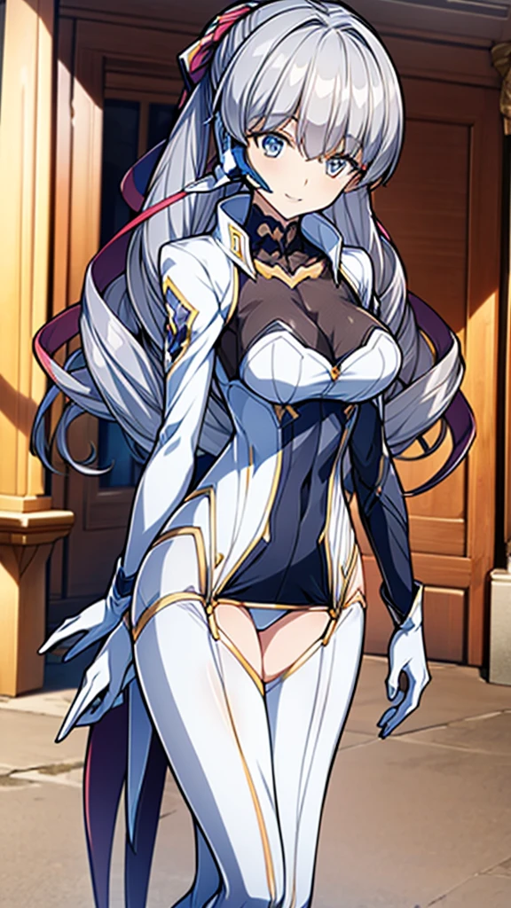 (full body),masterpiece, Highest quality, High resolution, One girl, alone, Grey Hair, Blue eyes, ( bodysuit,leotard,headset,ribbon,No sleeve, White gloves, Knee-high boots), Cowboy Shot, Hands on hips, smile, Open your mouth, Outdoor,Thick thighs,