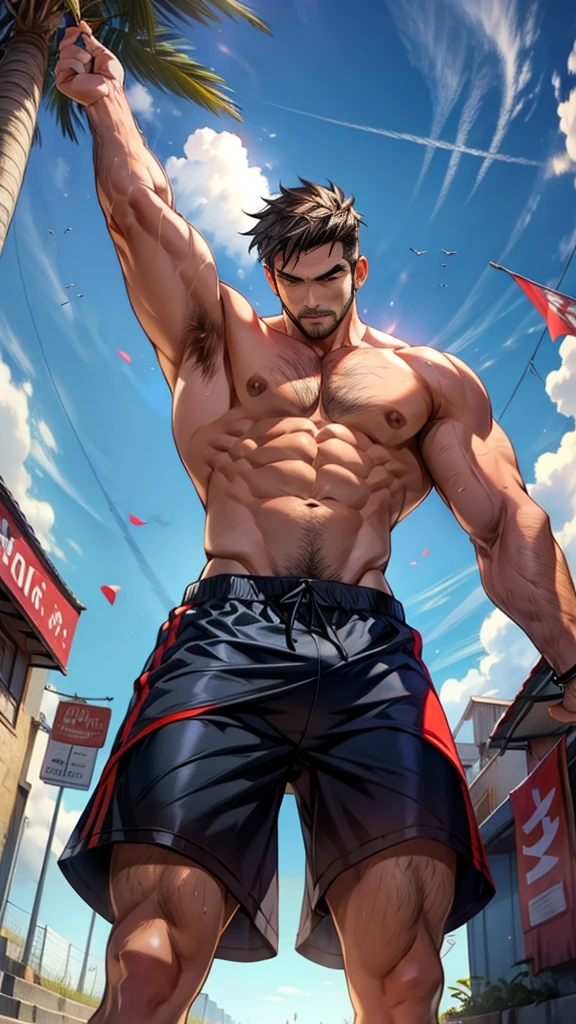 A male athlete,Wearing shorts,He is very muscular,Shot from below,Abstract Background,Lift up half of the pants,Short shorts,Half shorts,Leg hair,No beard,Hair flutters in the wind