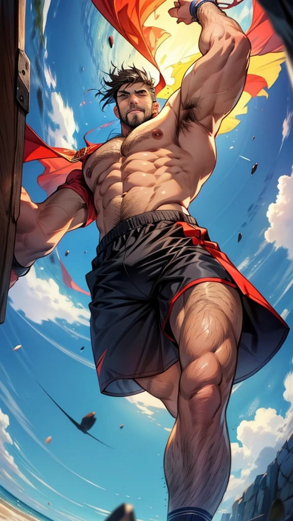 A male athlete,Wearing shorts,He is very muscular,Shot from below,Abstract Background,Lift up half of the pants,Short shorts,Half shorts,Leg hair,No beard,Hair flutters in the wind