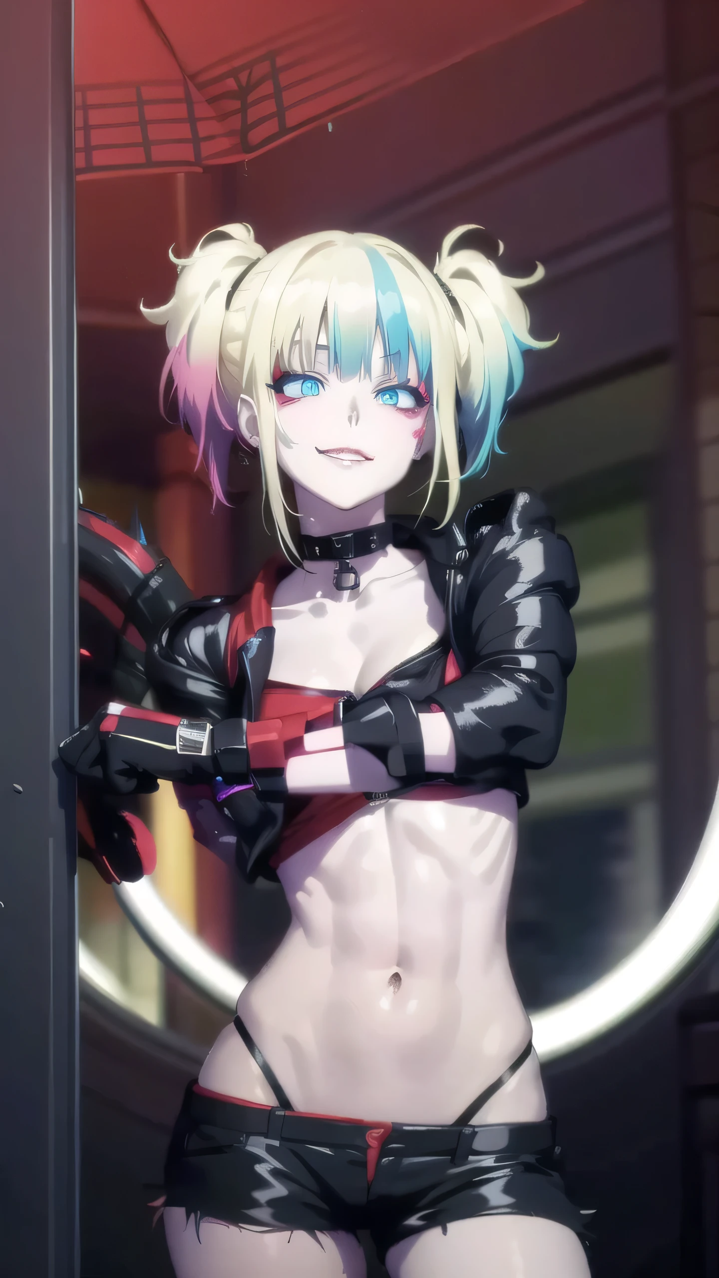 harleyquinn, harley quinn, bangs, blue eyes, blonde hair, twintails, blue hair, multicolored hair, choker, gradient hair, makeup, piercing, pink hair, lips, lipstick, red lips, smile, grin,
BREAK thighhighs, gloves, navel, cleavage, jewelry, jacket, open clothes, shorts, black gloves, midriff, black thighhighs, fingerless gloves, collar, bracelet, open jacket, black jacket, crop top, torn clothes, short shorts, tattoo, chain, spikes, cropped jacket, spiked bracelet, spiked collar, micro shorts, multicolored jacket,
BREAK looking at viewer, full body,
BREAK outdoors,
BREAK (masterpiece:1.2), best quality, high resolution, unity 8k wallpaper, (illustration:0.8), (beautiful detailed eyes:1.6), extremely detailed face, perfect lighting, extremely detailed CG, (perfect hands, perfect anatomy),