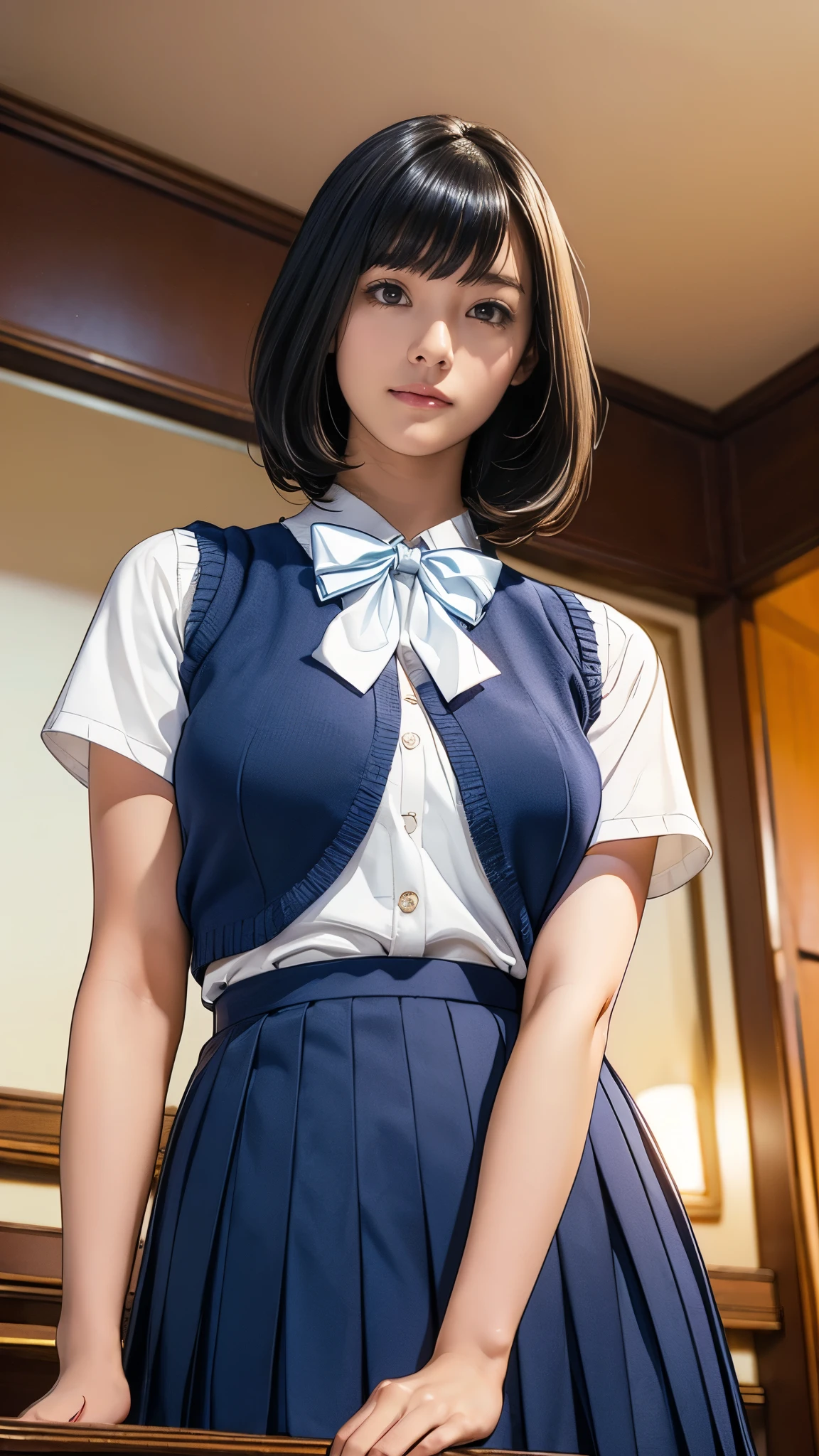 (masterpiece:1.2, Highest quality), (Realistic, photoRealistic:1.4), (Large Breasts:1.5, Saggy breasts:1.3), Beautiful illustrations, (Natural Side Lighting, Cinema Lighting), Written boundary depth, Looking at the audience, (Face Focus, Upper Body), Front view, 1 girl, Japanese, high school girl, 15 years old, Perfect Face, Symmetrical cute face, Glowing Skin, (Bob Hair:1.7,Black Hair), Asymmetrical bangs, Big eyes, Droopy eyes, long eyelashes chest), thin, Beautiful Hair, Beautiful Face, Beautiful and beautiful eyes, Beautiful clavicle, Beautiful body, Beautiful breasts, Beautiful thighs, Beautiful legs, Beautiful fingers, ((Quality fabric texture, brown knit vest, Short sleeve white collar shirt, Navy Pleated Skirt, Navy bow tie)), (Beautiful views), evening, (Inside the flower shop), Are standing, (smile, Superior, Open your mouth), (From below:1.5),(Poor visibility:1.5), (From below)