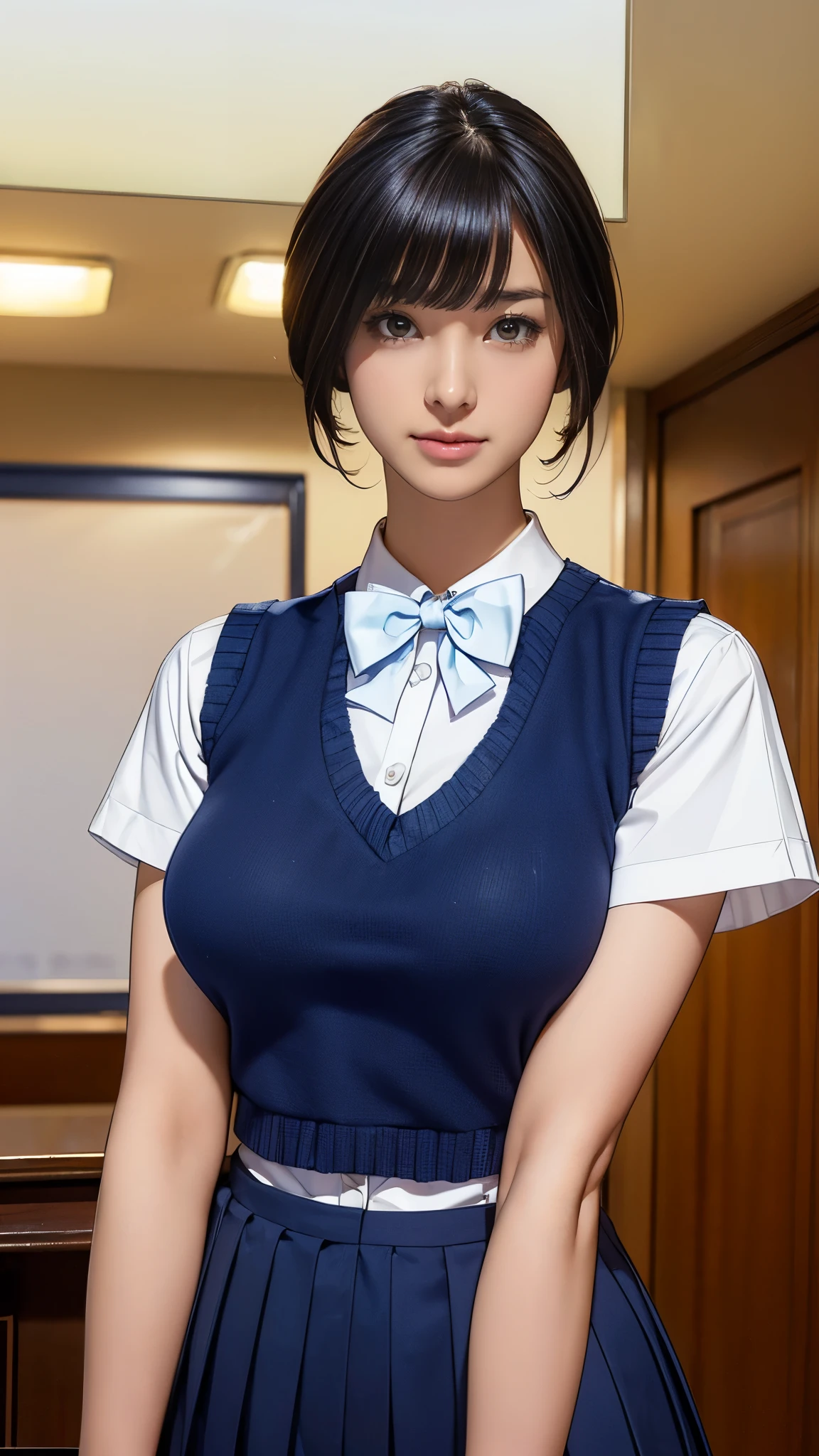 1 woman, 17 years old, (short haircut, brown hair), scared face expression, plump body, blue eyes, Indonesian high-school uniform, (wearing transparent white shirt, showing bra), osis logo on shirt pocket, huge XL breasts, light-grey pleated skirt, sitting on a chair, seductive pose, full body shot, smiling, in the classroom.