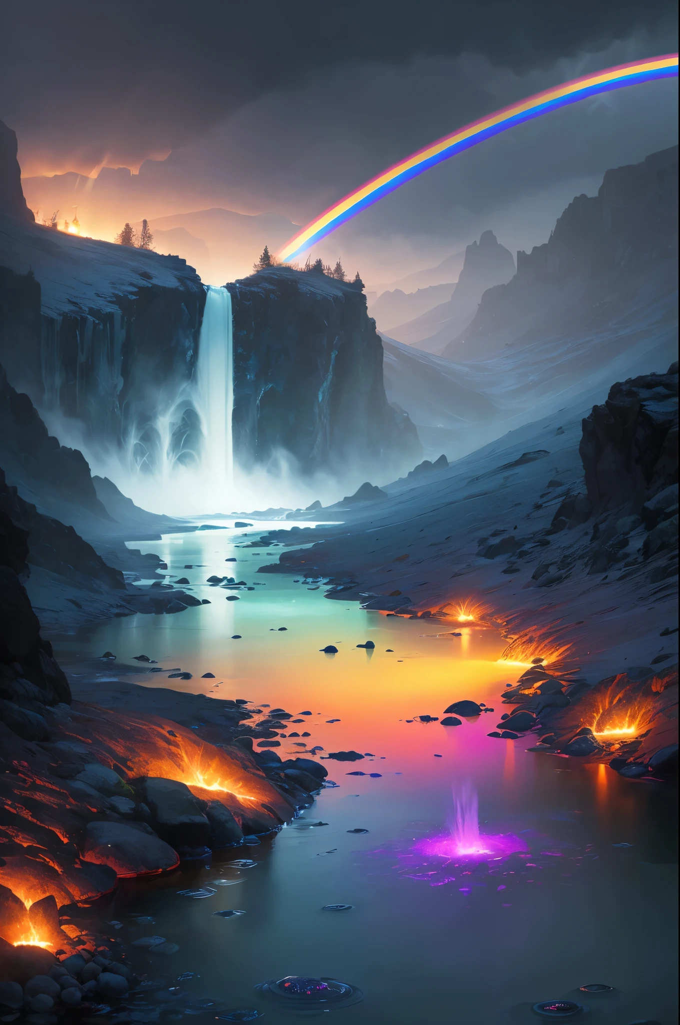 arafly colored water in a stream with steam rising from it, a colorized photo by Leonard Bahr, flickr, land art, mystical colors, bubbling geysers, xray melting colors!!, ethereal rainbows, geysers of steam, amazing color photograph, rainbow, rainbow reflections, a colorful, beautiful and mysterious, mystic colors, muted but vibrant colors