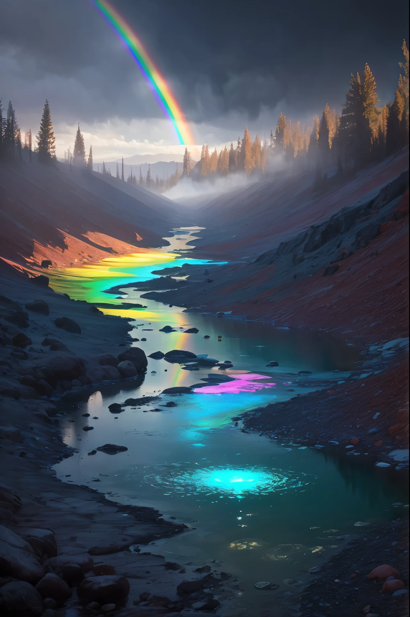arafly colored water in a stream with steam rising from it, a colorized photo by Leonard Bahr, flickr, land art, mystical colors, bubbling geysers, xray melting colors!!, ethereal rainbows, geysers of steam, amazing color photograph, rainbow, rainbow reflections, a colorful, beautiful and mysterious, mystic colors, muted but vibrant colors