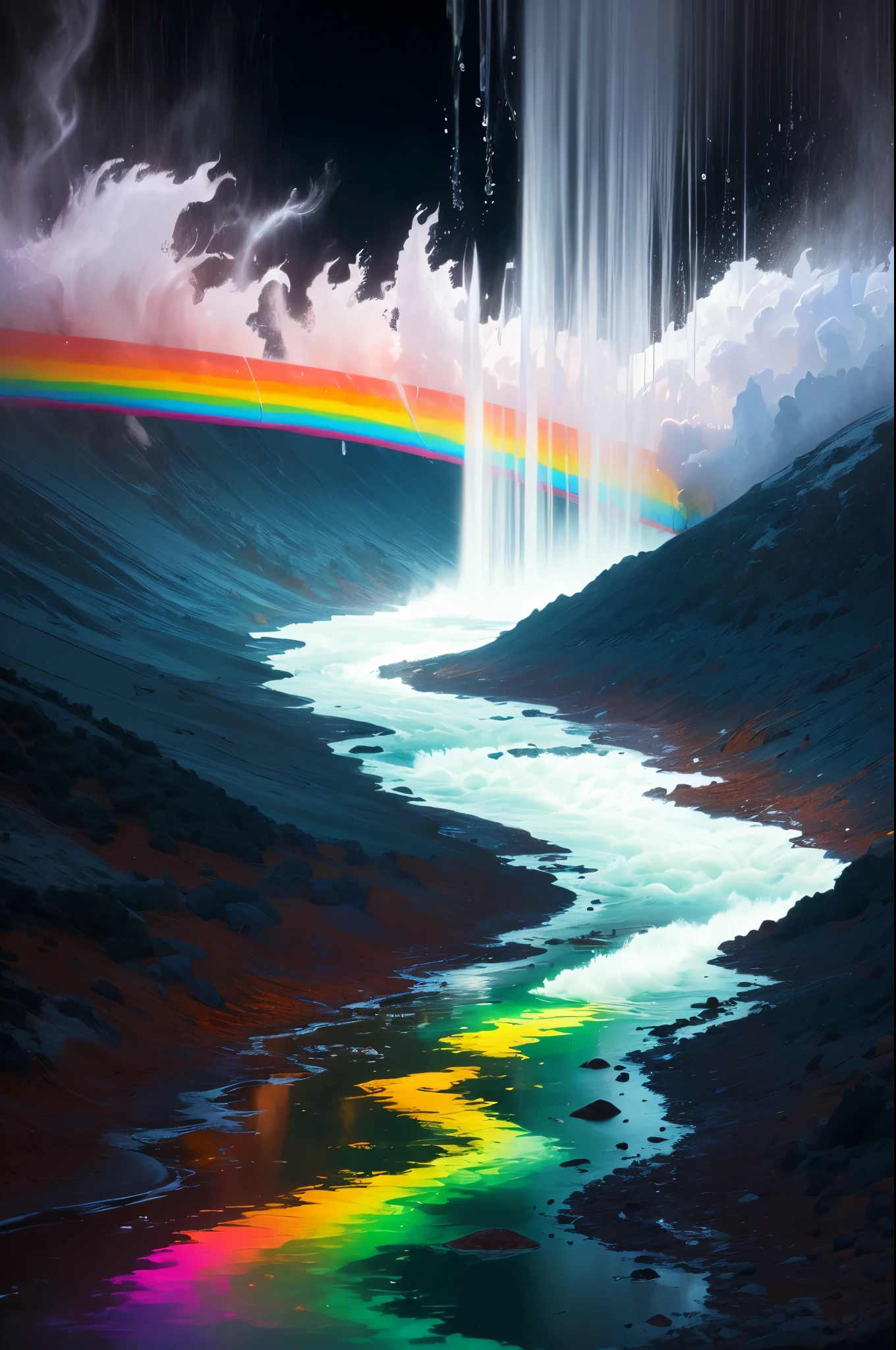 arafly colored water in a stream with steam rising from it, a colorized photo by Leonard Bahr, flickr, land art, mystical colors, bubbling geysers, xray melting colors!!, ethereal rainbows, geysers of steam, amazing color photograph, rainbow, rainbow reflections, a colorful, beautiful and mysterious, mystic colors, muted but vibrant colors