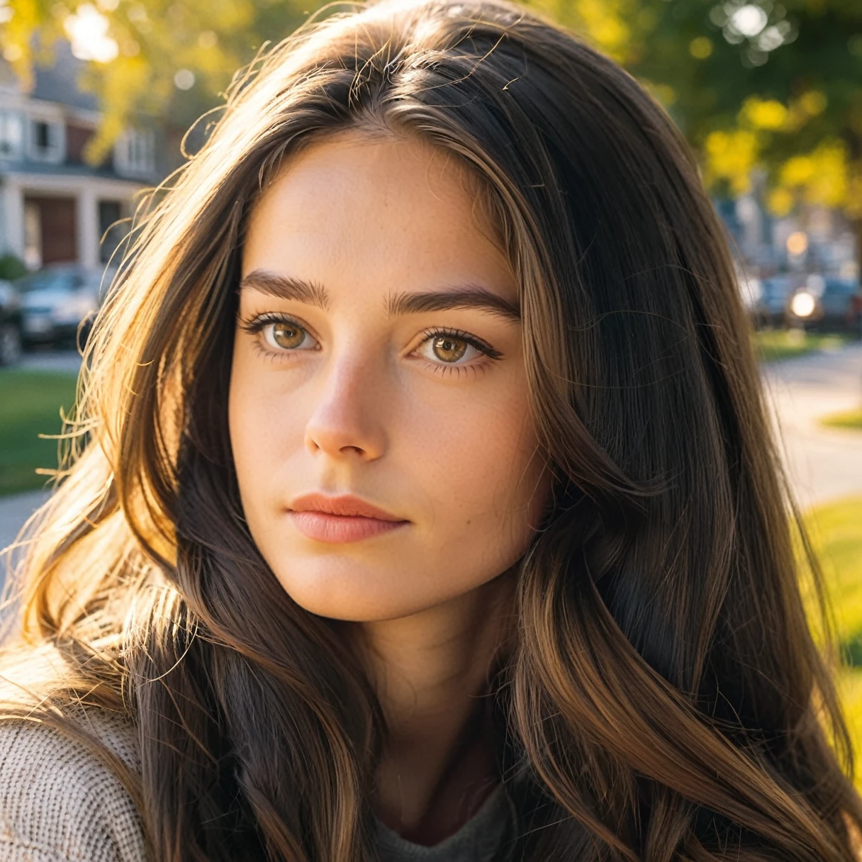 A photorealistic portrait of a 28-year-old american girl with long, flowing brown hair and striking dark eyes. She should have a natural, approachable expression and be illuminated by soft, golden-hour sunlight. The background should be a scenic outdoor setting, perhaps a sunlit park or beach. Capture this image with a high-resolution photograph using an 85mm lens for a flattering perspective.