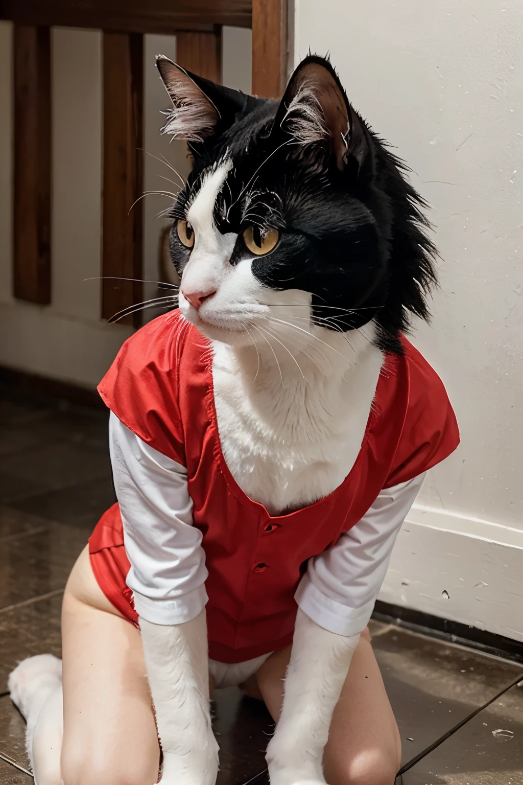 The reality of a black and white cat wearing a red and white costume and the words HUT RI from KUMEKUI 