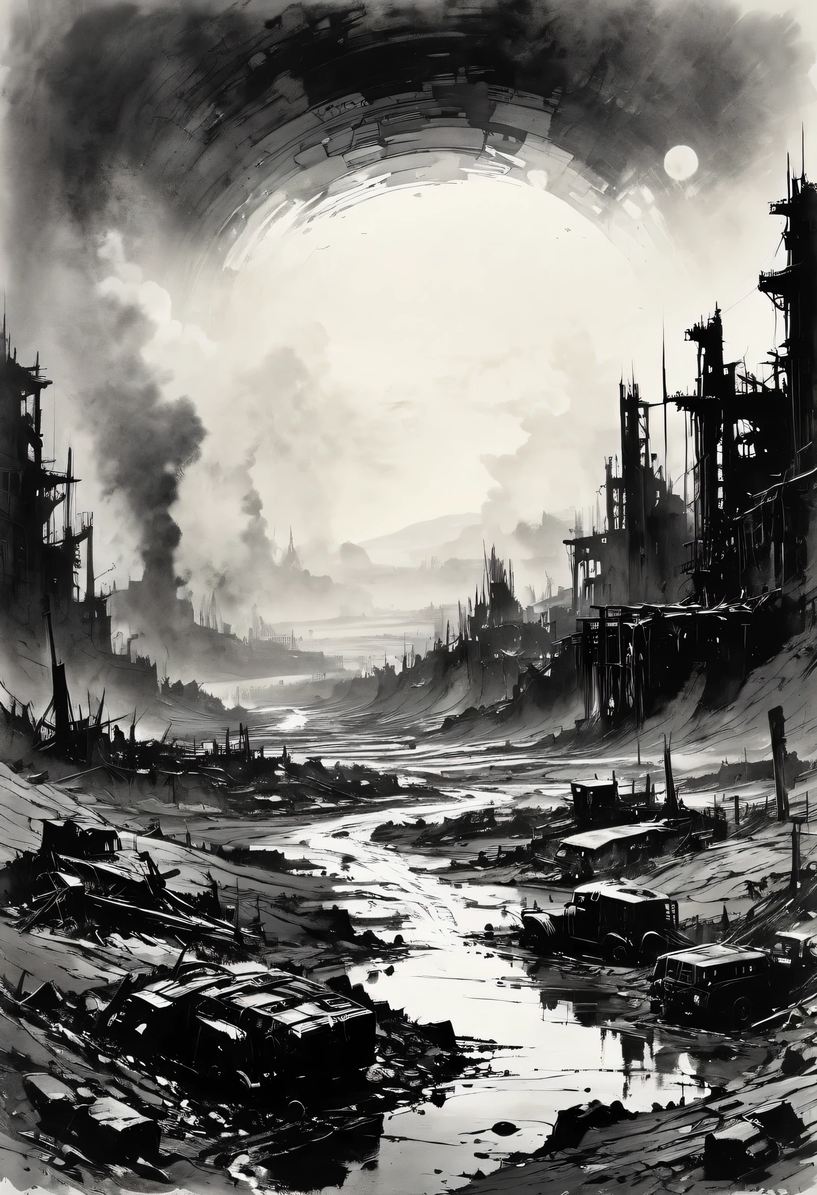 Post-Apocalyptic Wasteland, by Norman Ackroyd, best quality, masterpiece, very aesthetic, perfect composition, intricate details, ultra-detailed