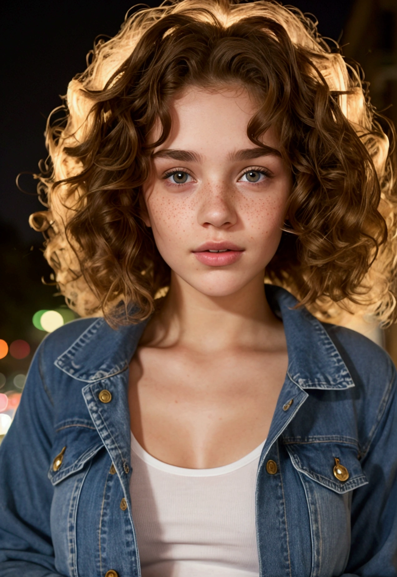Young woman with fair skin, adorned with freckles on her cheeks, Full body photography, displays an athletic figure. The ultra-realistic photograph, taken with a high-fidelity camera, captures every intricate detail of her skin texture, the vibrant color and natural curls of her red-brown hair, and the captivating depth of her brown eyes. Her curly locks cascade down in luscious waves, each strand shimmering under the soft, natural light. The freckles on her cheeks add a charming touch to her flawless complexion, giving her a youthful and playful look. photograph taken at night. She is wearing a jacket and jeans, full body photography, photograph taken at night.