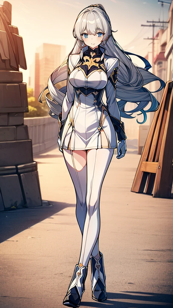 (full body),masterpiece, Highest quality, High resolution, One girl, alone, Grey Hair, Blue eyes, (sunfes，band uniform, No sleeve, White gloves, Pleated skirt, Knee-high boots), Cowboy Shot, Hands on hips, smile, Open your mouth, Outdoor，Thick thighs，(The skirt is blown up by the wind,),