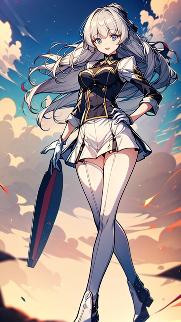 (full body),masterpiece, Highest quality, High resolution, One girl, alone, Grey Hair, Blue eyes, (sunfes，band uniform, No sleeve, White gloves, Pleated skirt, Knee-high boots), Cowboy Shot, Hands on hips, smile, Open your mouth, Outdoor，Thick thighs，(The skirt is blown up by the wind,),