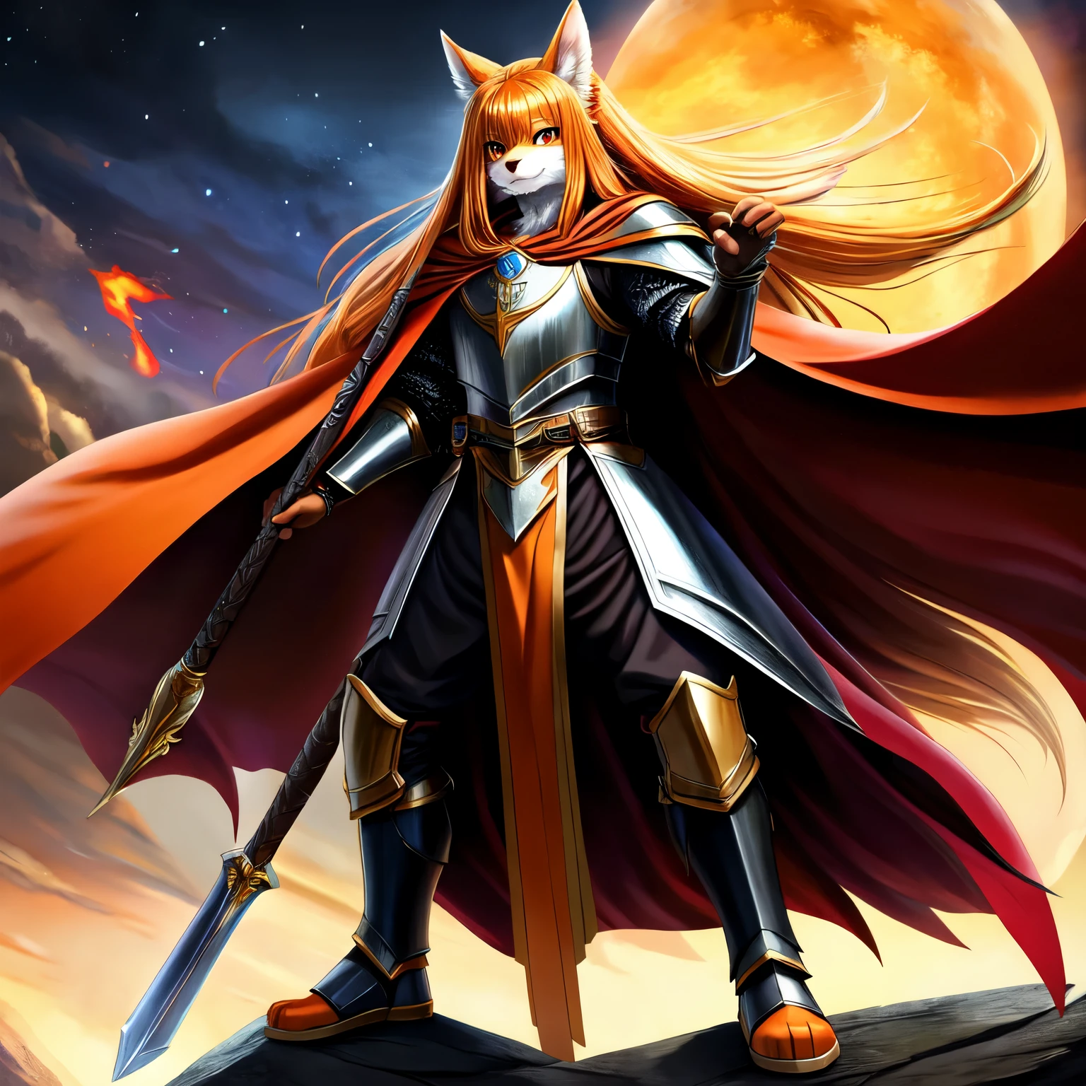 ((best quality)), ((masterpiece)), (detailed), 1 boy, kemono, anthro, furry, black and white fur, orange long hair, full body, holding a war hammer, full body armor, very long armor robe, very long skirt, cape, epic, orange long hair, orange very long hair, very long cape, insane details, armor accessories, epic, epic pose, fluffy hands,