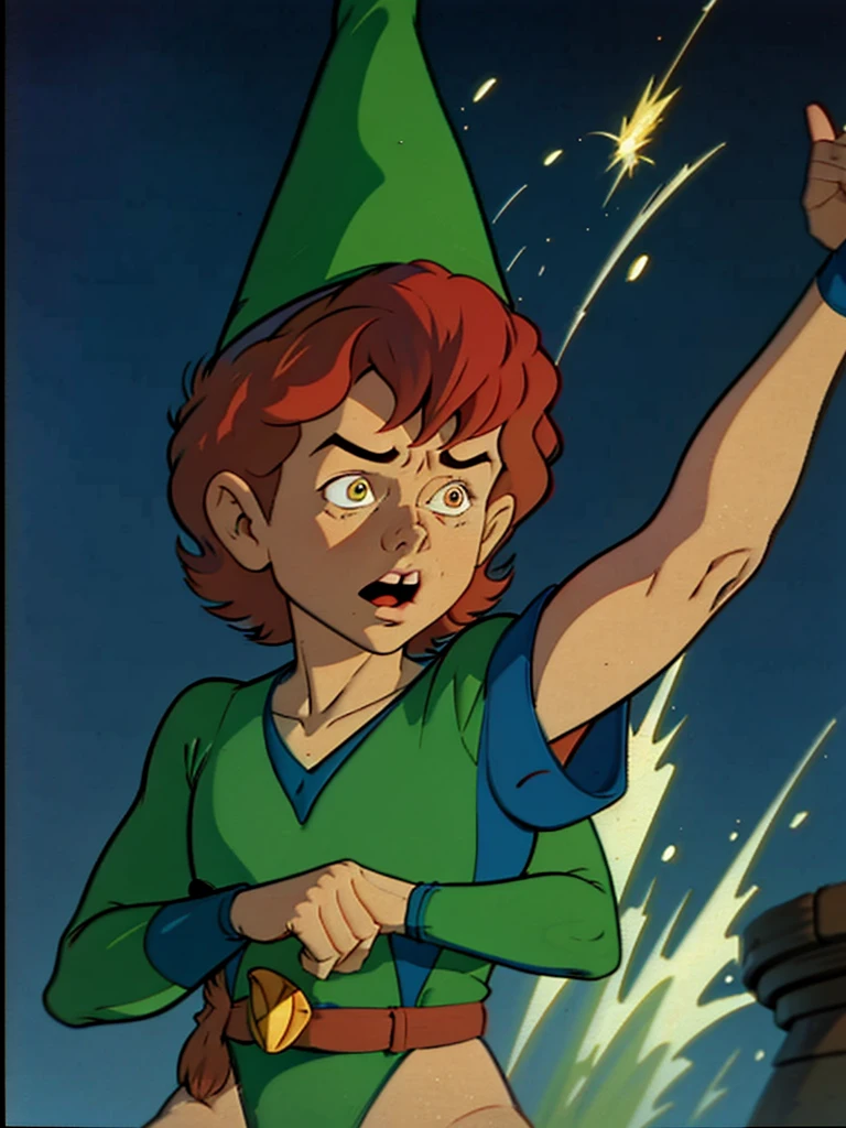 a redhead cartoon character dressed in a green leotard, very muscular, a male wizard, 1980s cartoon, animated episode still, Presto (((mad))), ((Wears a wizard hat on his head))