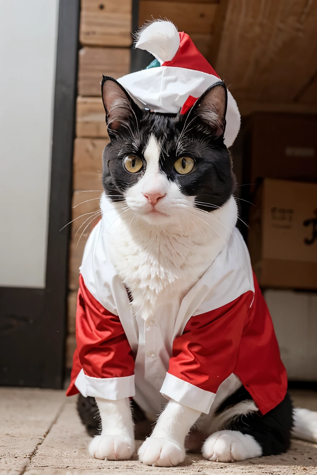 The reality of a black and white cat wearing a red and white costume and the words HUT RI from KUMEKUI