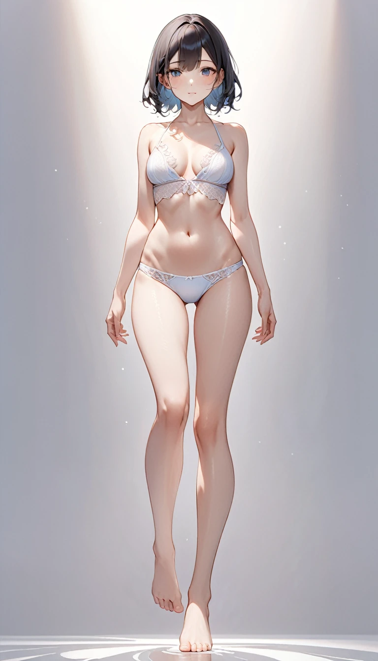 Extremely delicate full-body shot, 1girl, 独奏, Detailed and accurate body, Firm and moisturized skin texture, Clear details, Revealing facial details, barefoot, Anatomically correct hand, Casual clothing, Ultimate Quality, 