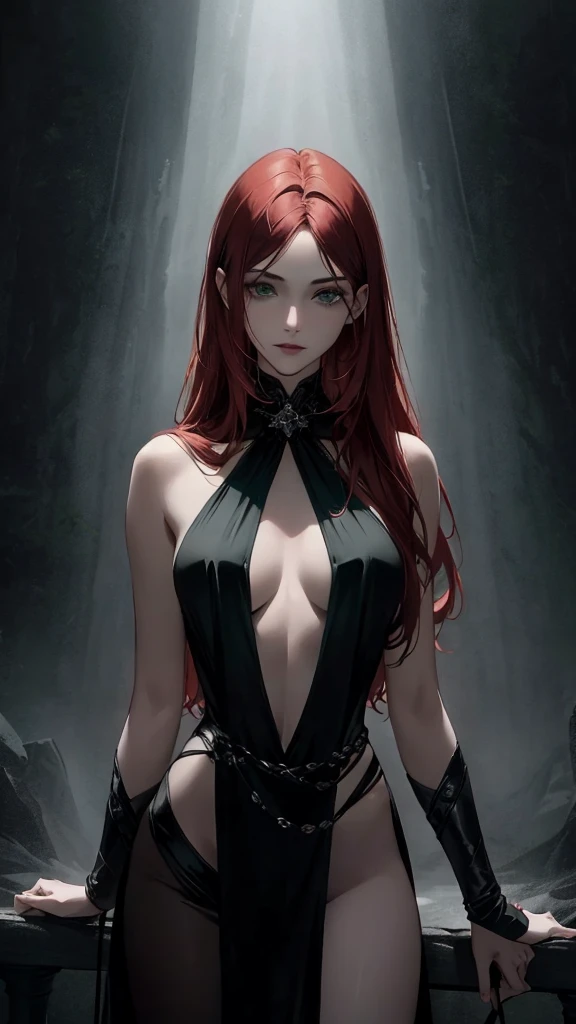 A stunningly realistic dark fantasy portrait of a tall, totally naked, long-legged redhead woman with chiseled abs, small waist, Big emerald green eyes, and plump lips. she remains confident, his body shown in all its splendor. The background is a mixture of darkness., melancholic colors, with some ethereal elements, creating an atmospheric and mysterious environment. The overall tone of the image is a mix of beauty., force, and darkness., dark fantasy, portrait photography, chart