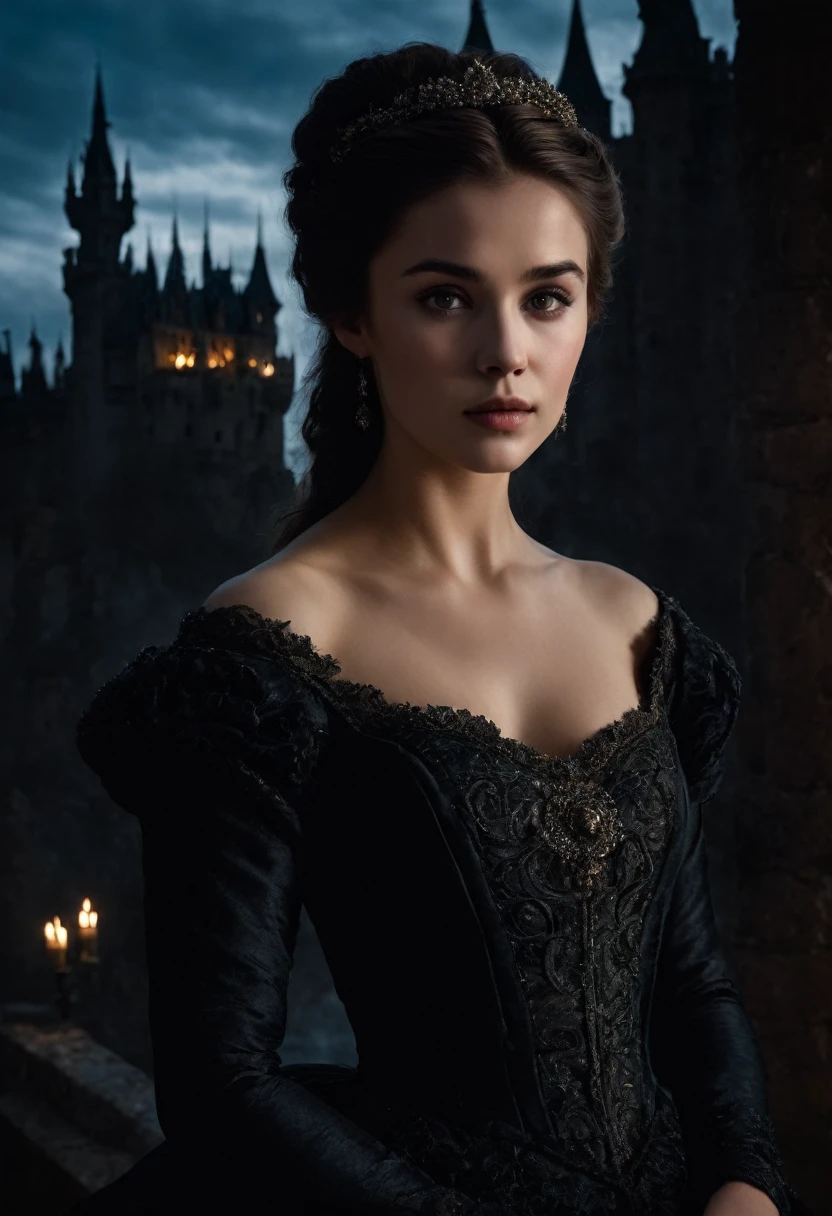 Create a photorealistic close-up portrait of Belle, age 21, in a Dark Fantasy style with a dramatic and dark atmosphere. Belle has a contemplative, intense expression with her deep brown eyes reflecting an inner strength. She wears a dark, gothic ball gown with intricate, rose-like embellishments that add a dramatic flair. Her brown hair is styled in a high-fashion, voluminous updo. The background features a dark, forsaken castle with ghostly apparitions and flickering candlelight. The portrait showcases Belle’s supermodel elegance and the dramatic, haunting beauty of her setting.