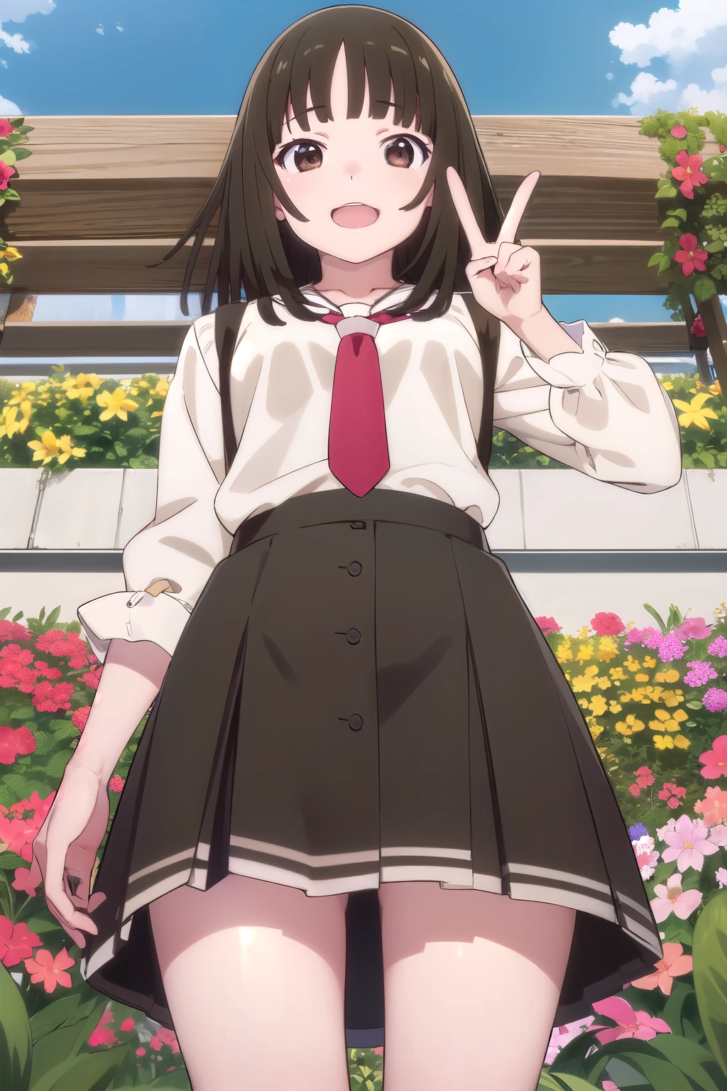 One girl, 一人w, lookwg at wiewer,
なwこ01, Medium Hair, Brown Hair, Brown eyes, bangs, blunt bangs, skirt, clavicle,
, Seraphim, long sleewes, tie,
smile, Open your mouth, Cowboy Shot,
w, peace sign, garden, Flowers, wood, (Wwd from below: 1.5)
