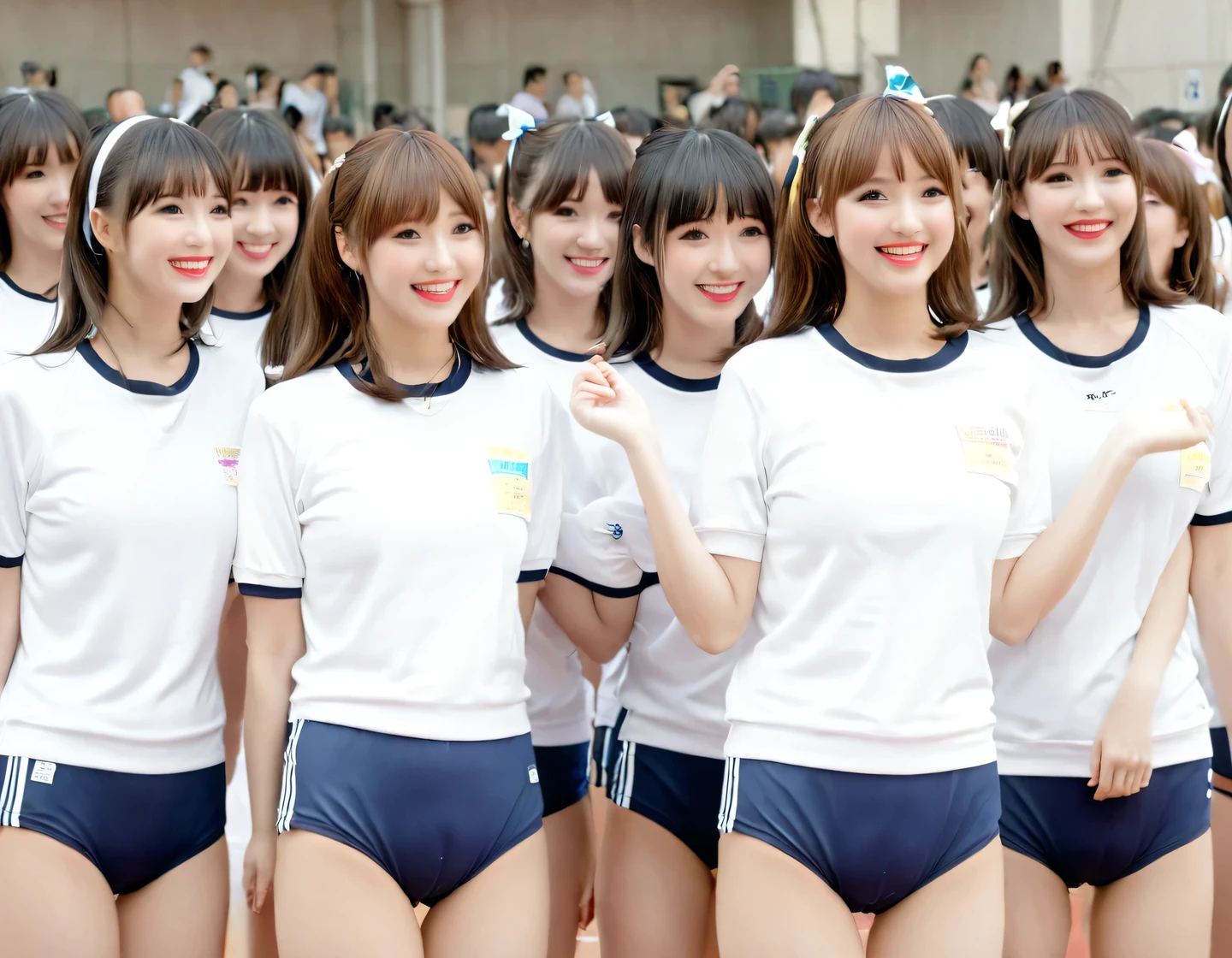 score_9, score_8 Up, Highest quality, Idol Group,Cowboy Shot,Shot from medium distances,student,Tight gym wear, Bloomers, Adorable,smile, Brown Hair,Perfect hands,Black choker、bangs、Very lush and long eyelashes、uniform, ((Big Breasts))、((Slim face)), Healthy Thighs, Red lipstick, High nose, still, Sports competitions, opening ceremony、Configuration