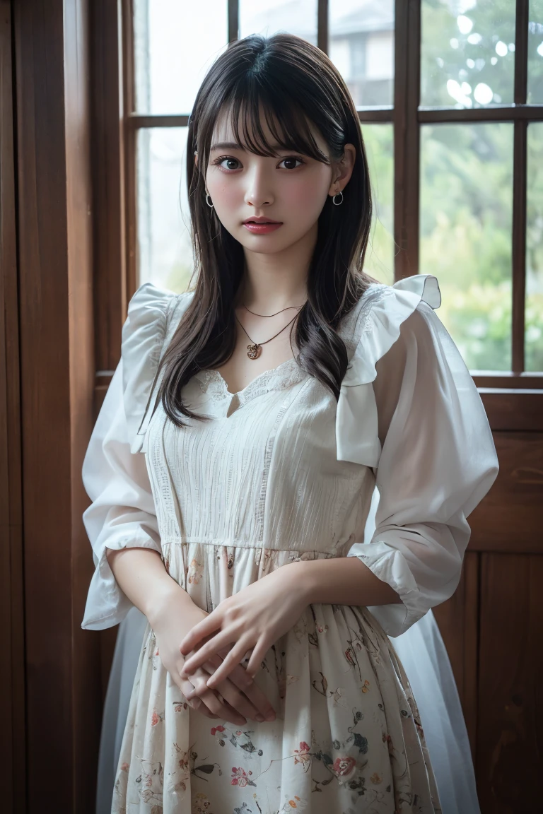 (Highest quality:1.4),(masterpiece:1.4),(Realistic:1.4),(Realistic:1.2),(超High resolution, RAW Photos:1.4),(High resolution, Ultra-detailed:1.2),(8k:1.2),View your viewers,Cinematic photography,One girl,skeletally correct,Black-haired woman,Woman in her early 20s,(Small earrings,necklace,Floral frill dress),(Western-style building interior,Dimly lit room,The lamplight shines on my cheeks)