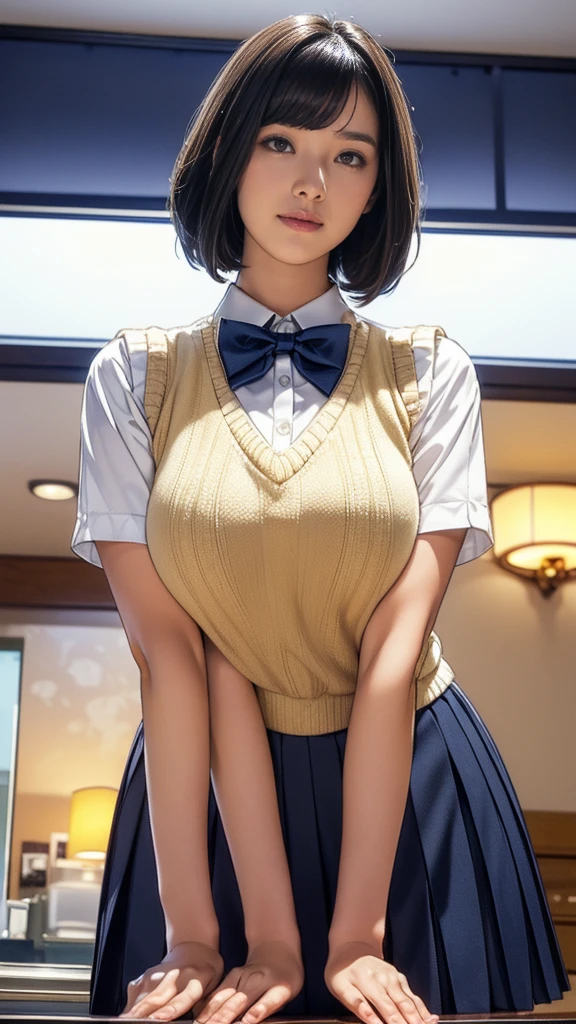 (masterpiece:1.2, Highest quality), (Realistic, photoRealistic:1.4), (Large Breasts:1.5, Saggy breasts:1.3), Beautiful illustrations, (Natural Side Lighting, Cinema Lighting), Written boundary depth, Looking at the audience, (Face Focus, Upper Body), Front view, 1 girl, Japanese, high school girl, 15 years old, Perfect Face, Symmetrical cute face, Glowing Skin, (Bob Hair:1.7,Black Hair), Asymmetrical bangs, Big eyes, Droopy eyes, long eyelashes chest), thin, Beautiful Hair, Beautiful Face, Beautiful and beautiful eyes, Beautiful clavicle, Beautiful body, Beautiful breasts, Beautiful thighs, Beautiful legs, Beautiful fingers, ((Quality fabric texture, brown knit vest, Short sleeve white collar shirt, Navy Pleated Skirt, Navy bow tie)), (Beautiful views), evening, (Inside the flower shop), Are standing, (smile, Superior, Open your mouth), (From below:1.5),(Poor visibility:1.5), (From below)