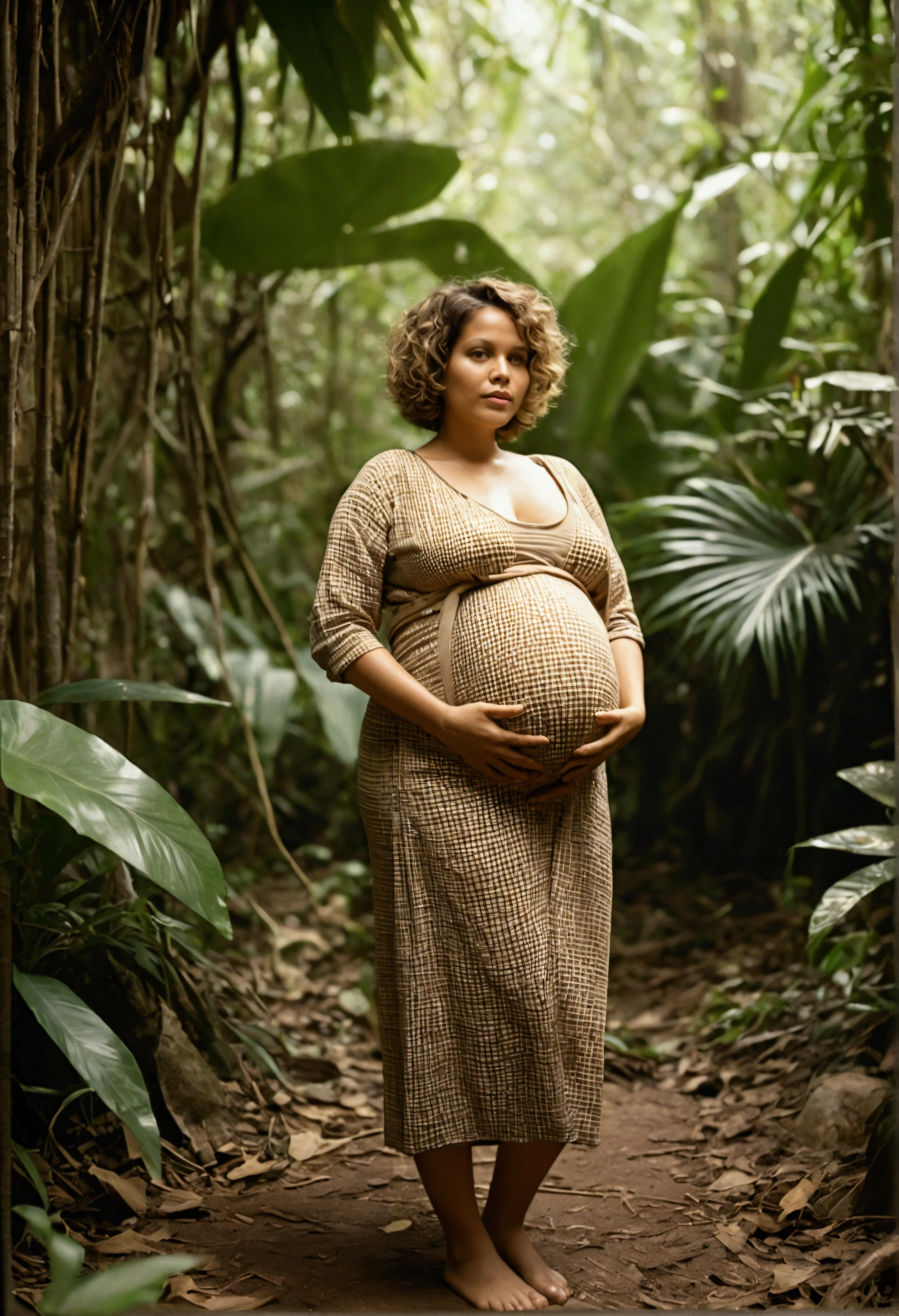 huge pregnant woman in Jungle, in the style of dark beige and beige, grid-based, highly textured, soft, photo taken with provia, folk/naïve,highly detailed,photo taken with fujifilm superia, charly amani,golden short hair, sunny day, full body