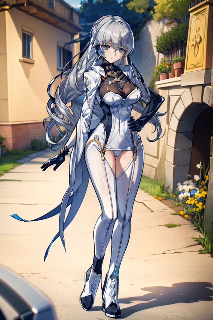 (full body),masterpiece, Highest quality, High resolution, One girl, alone, Grey Hair, Blue eyes, ( bodysuit,leotard,headset,ribbon,No sleeve, White gloves, Knee-high boots), Cowboy Shot, Hands on hips, smile, Open your mouth, Outdoor,Thick thighs,